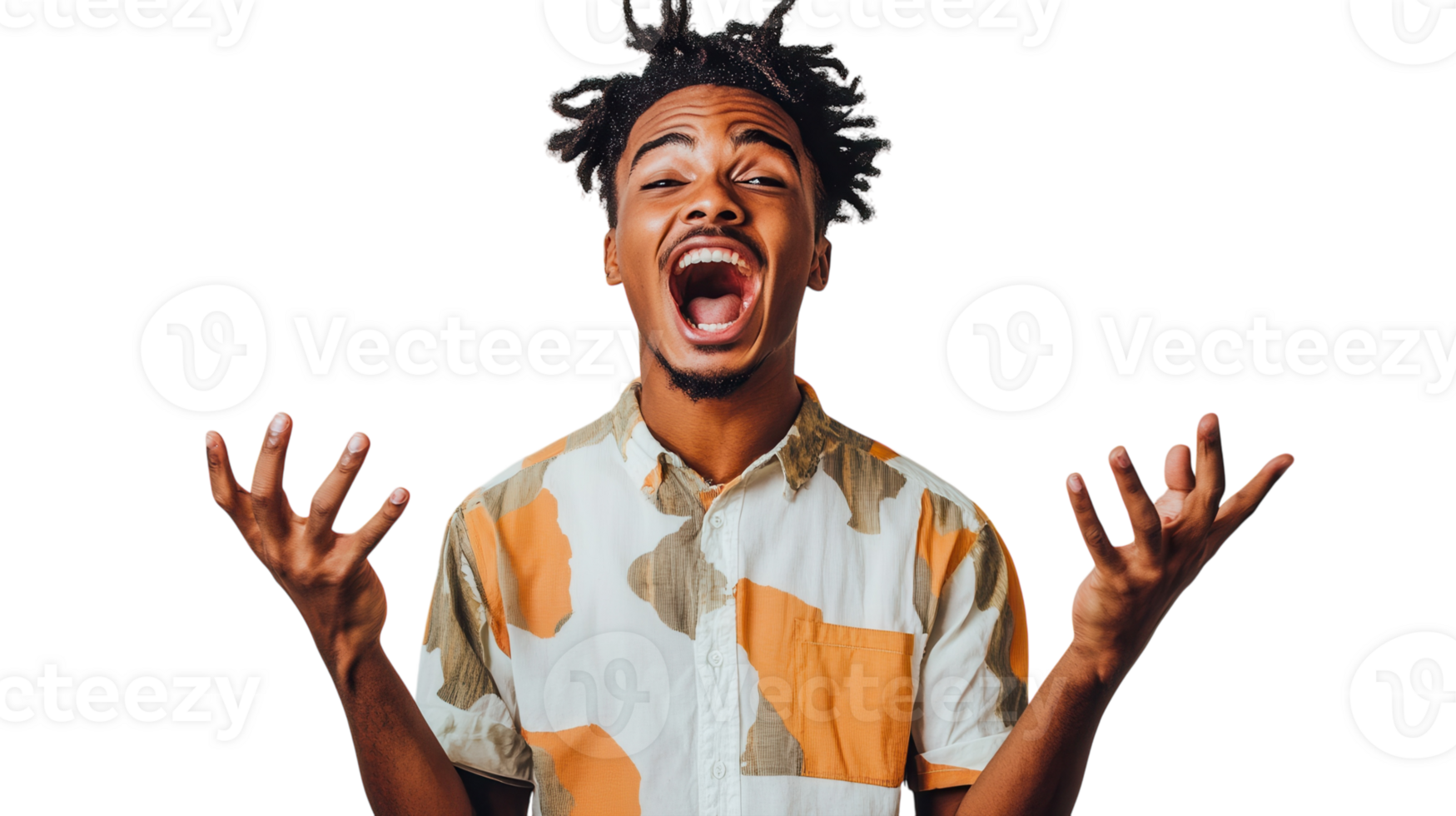 A Young Man Exaggerating Enthusiasm in a Playful Manner to Showcase Humor and Relatability for Various Creative Projects. png