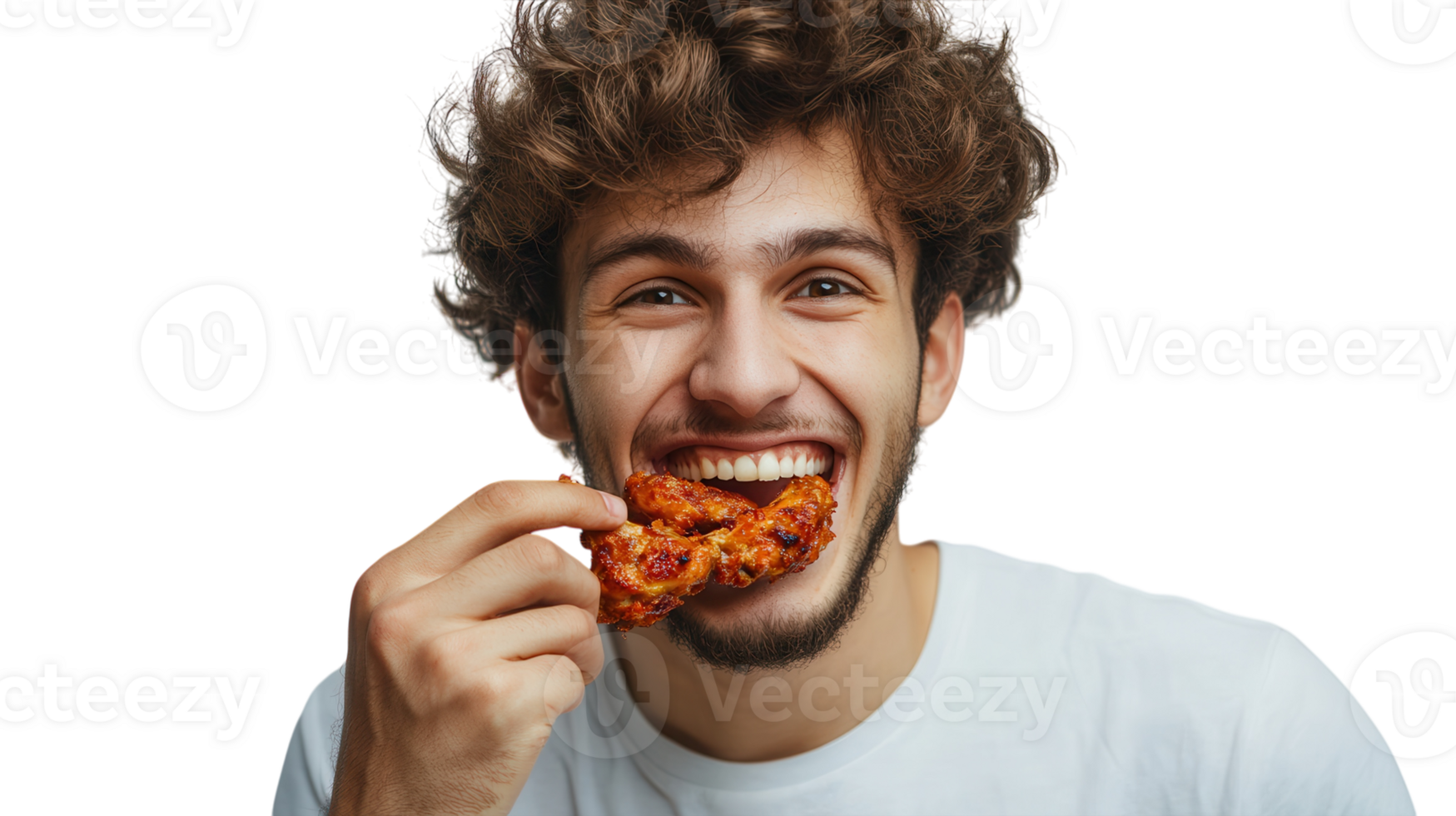 A Joyful Young Man Enjoying Spicy Chicken Wings with a Broad Smile, Perfect for Food and Lifestyle Blogs. png