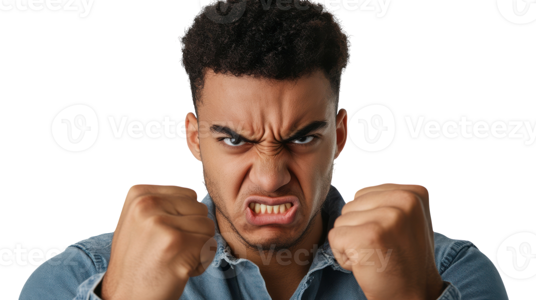 A young man expressing anger with clenched fists, ideal for showcasing strong emotions in design projects, presentations, or articles about conflict resolution and mental health.. png