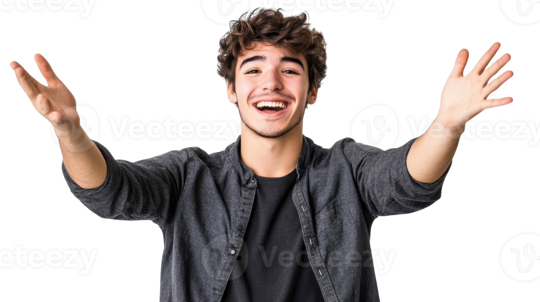 A Young Man Displaying Over-the-Top Enthusiasm in a Casual Setting, Perfect for Illustrating Facade and Insincerity in Social Interactions. png