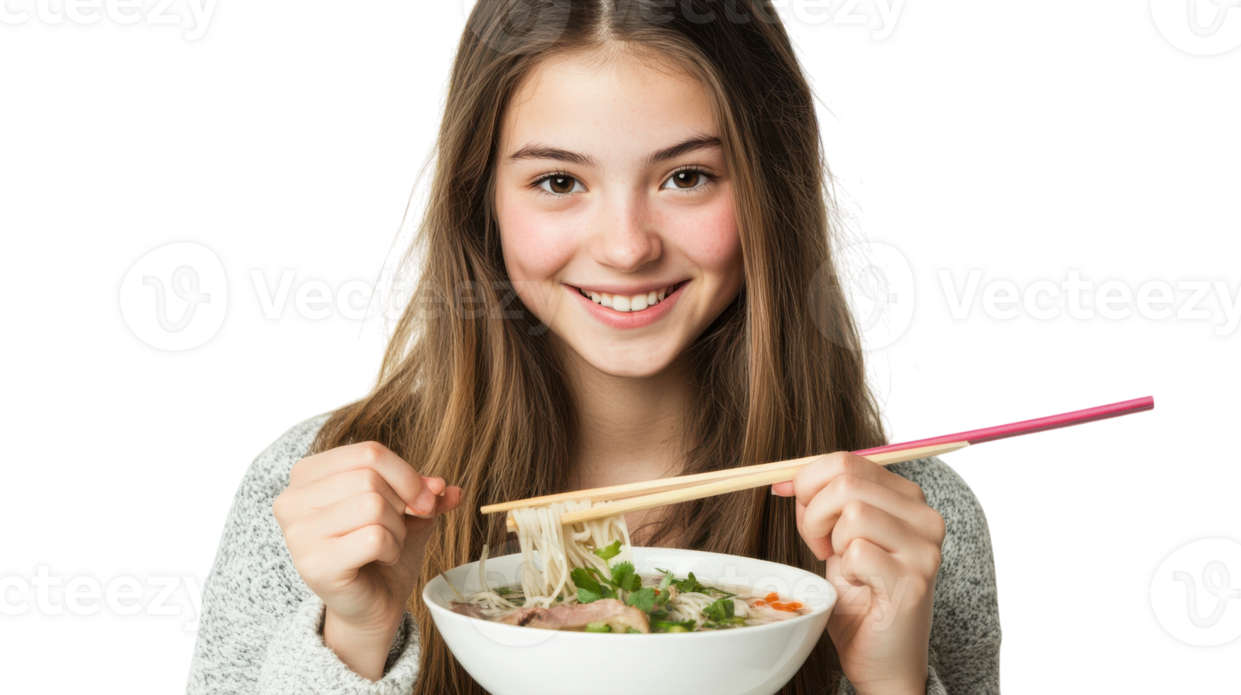 A young woman savoring a delightful bowl of pho in a cozy setting, perfect for food blogs, restaurant menus, and culinary advertisements showcasing Vietnamese cuisine.. png