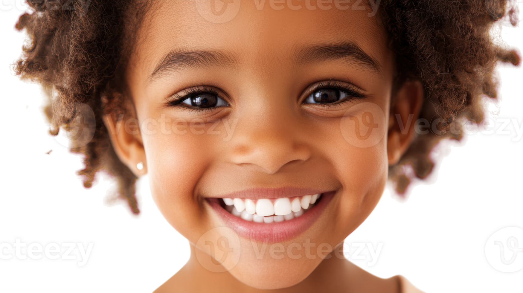 A Joyful Young Girl with a Gleeful Big Toothy Smile Captured Against a Crisp White Background Perfect for Kids' Happiness Themes. png