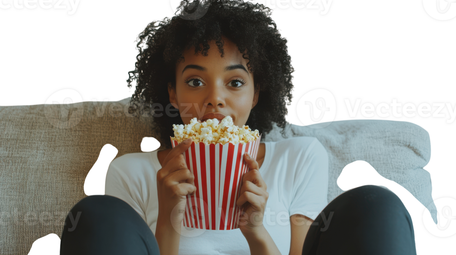 Young Woman Enjoying a Bag of Popcorn at a Movie Night, Perfect for Invoking Feelings of Comfort and Relaxation in Designs. png
