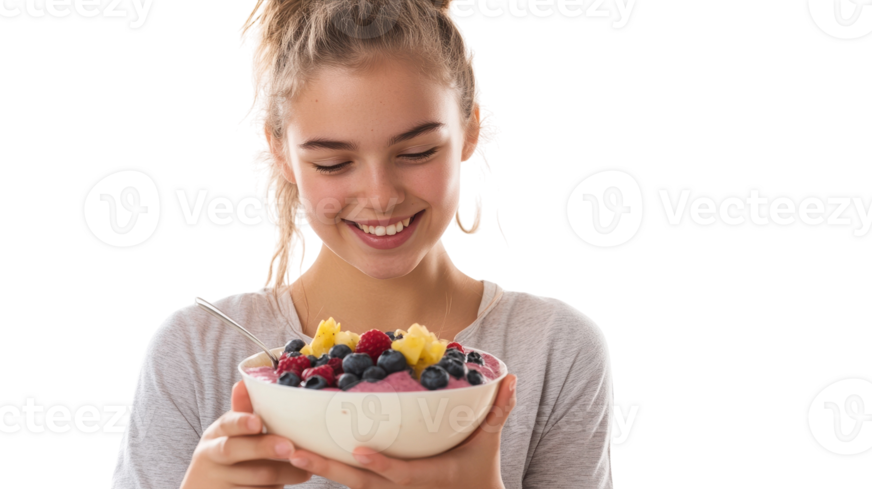 A Young Woman Enjoying a Delicious and Healthy Smoothie Bowl Packed with Fresh Fruits and Nutritious Toppings, Perfect for Breakfast or a Refreshing Snack. png