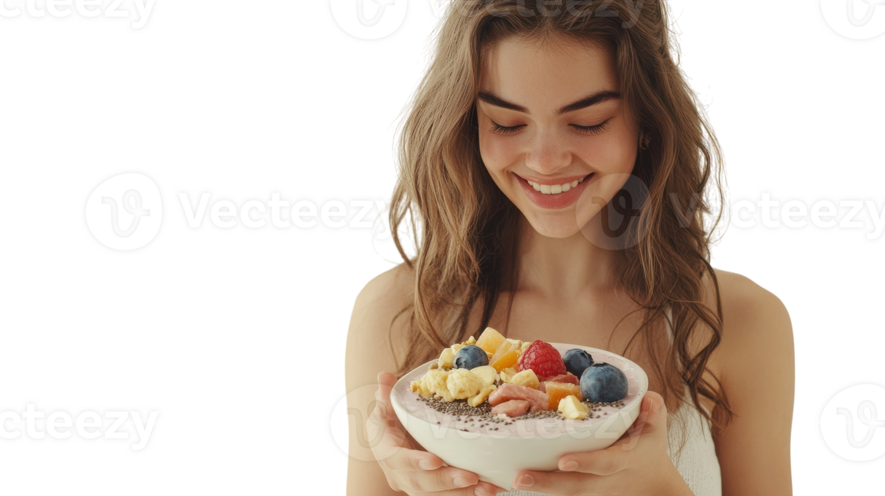 A Young Woman Enjoying a Colorful Smoothie Bowl in a Bright and Cheerful Setting Perfect for Health and Wellness Promotions. png