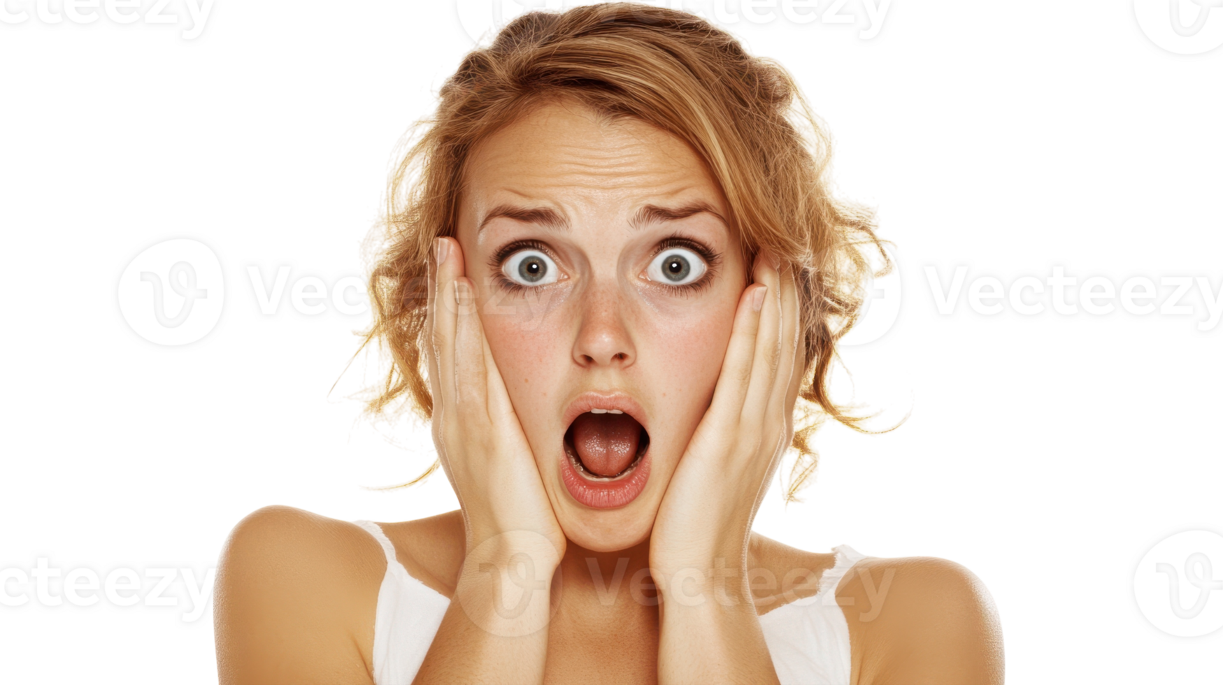 A Young Woman Expressing Shock and Surprise with Her Hands - Perfect for Capturing Emotions in Personal or Marketing Projects. png
