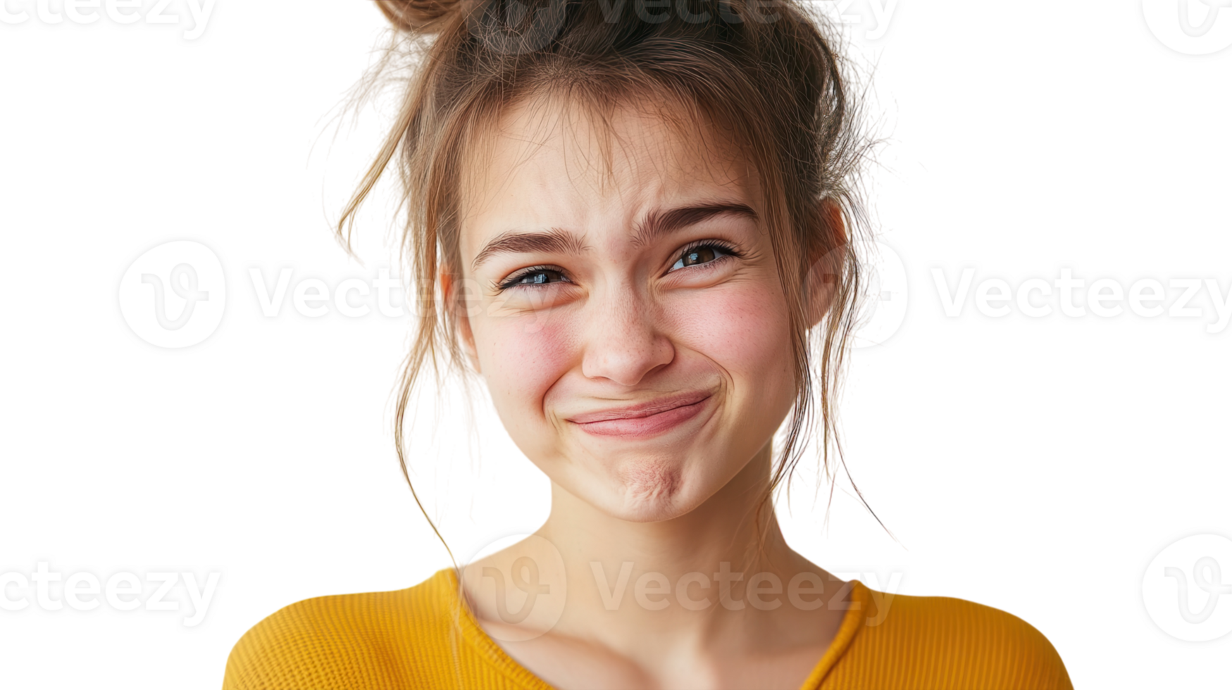 A Young Woman Smirking with a Confident Expression on a White Background Perfect for Marketing and Social Media Use. png