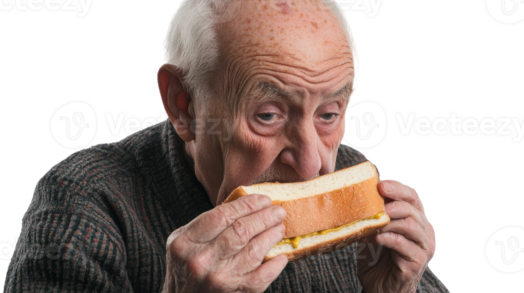 An Elderly Man Enjoying a Delicious Sandwich with Mustard, Perfect for Illustrating Healthy Eating and Lifestyle Choices in Seniors. png