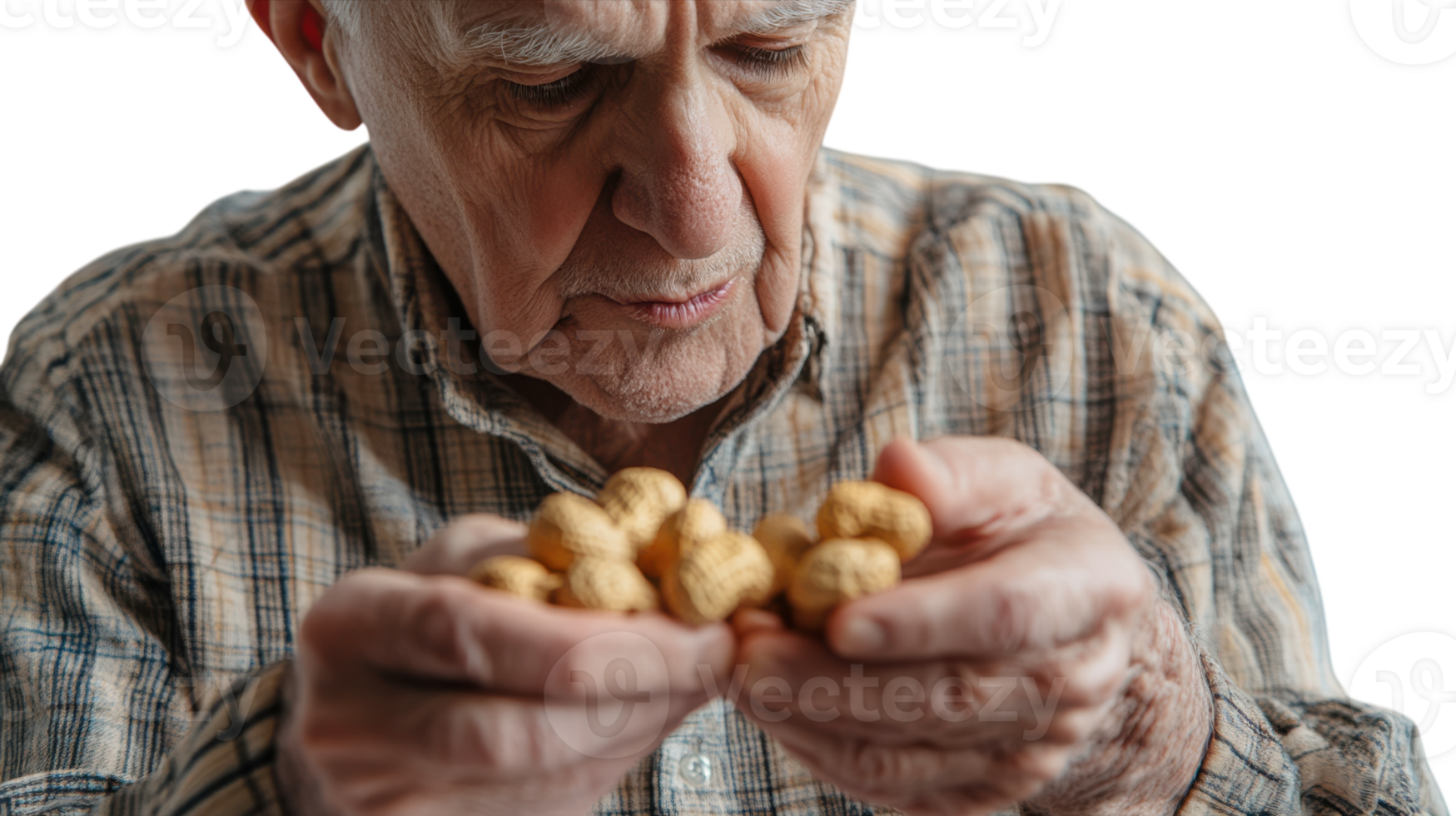 An Elderly Man Enjoying the Simple Pleasure of Cracking Open a Peanut Shell, Perfect for Evoking Nostalgia and Moments of Leisure in Creative Projects. png