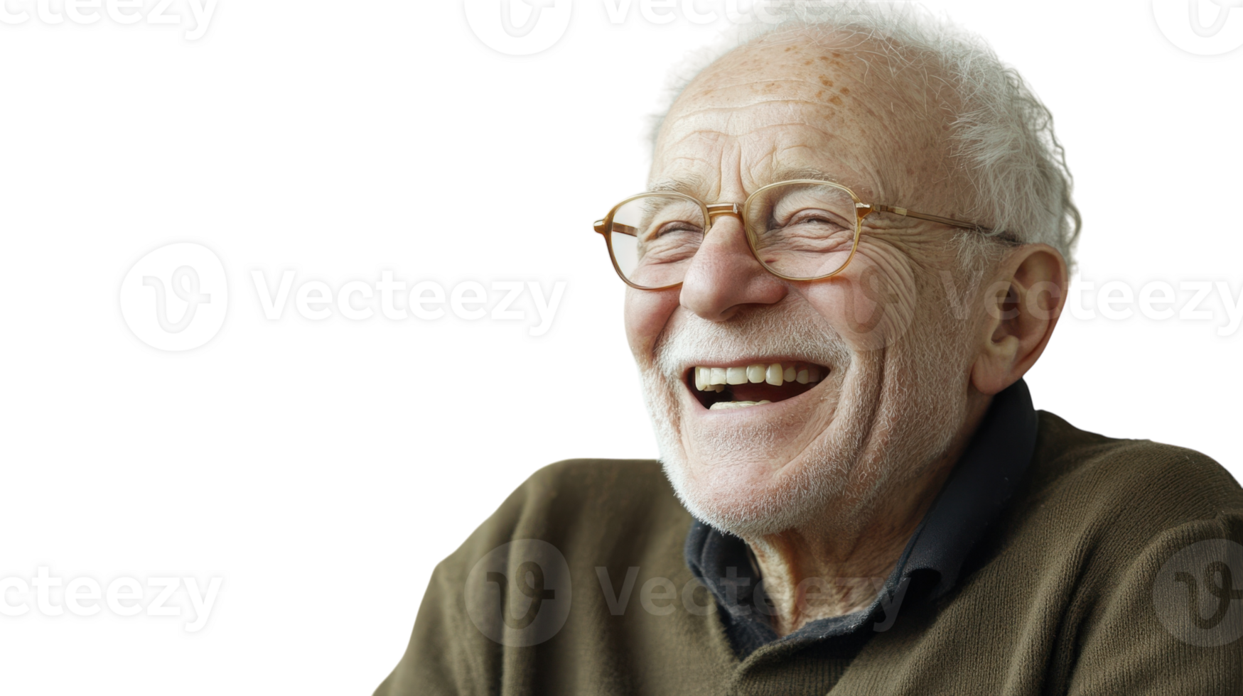 An elderly man laughing softly against a white background, perfect for emotional expressions in family or lifestyle projects, emphasizing joy and warmth in various contexts.. png