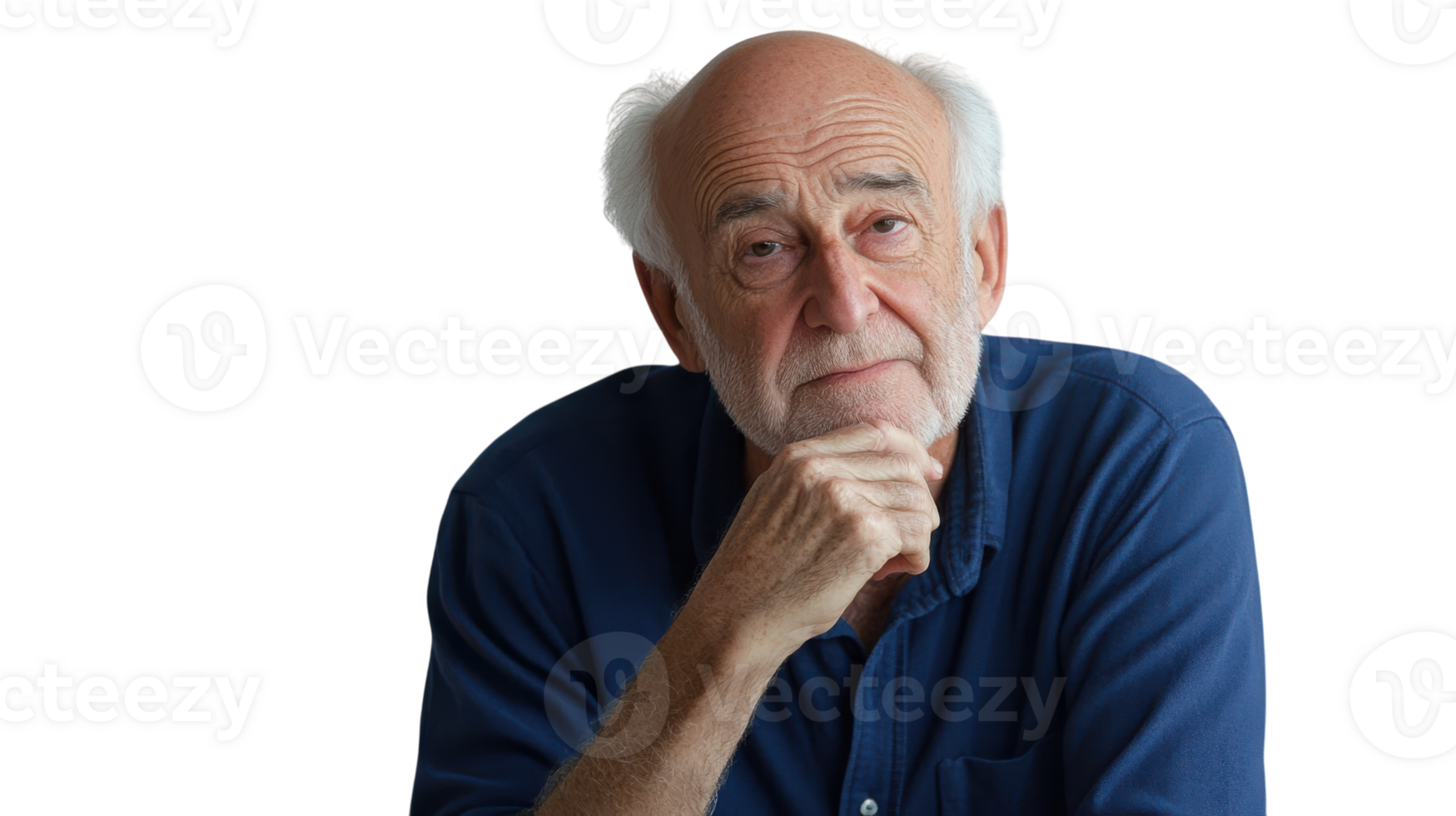 Thoughtful Elderly Man Reflecting on Life with Hand on Chin, Perfect for Discussions on Aging, Wisdom, and Personal Growth. png