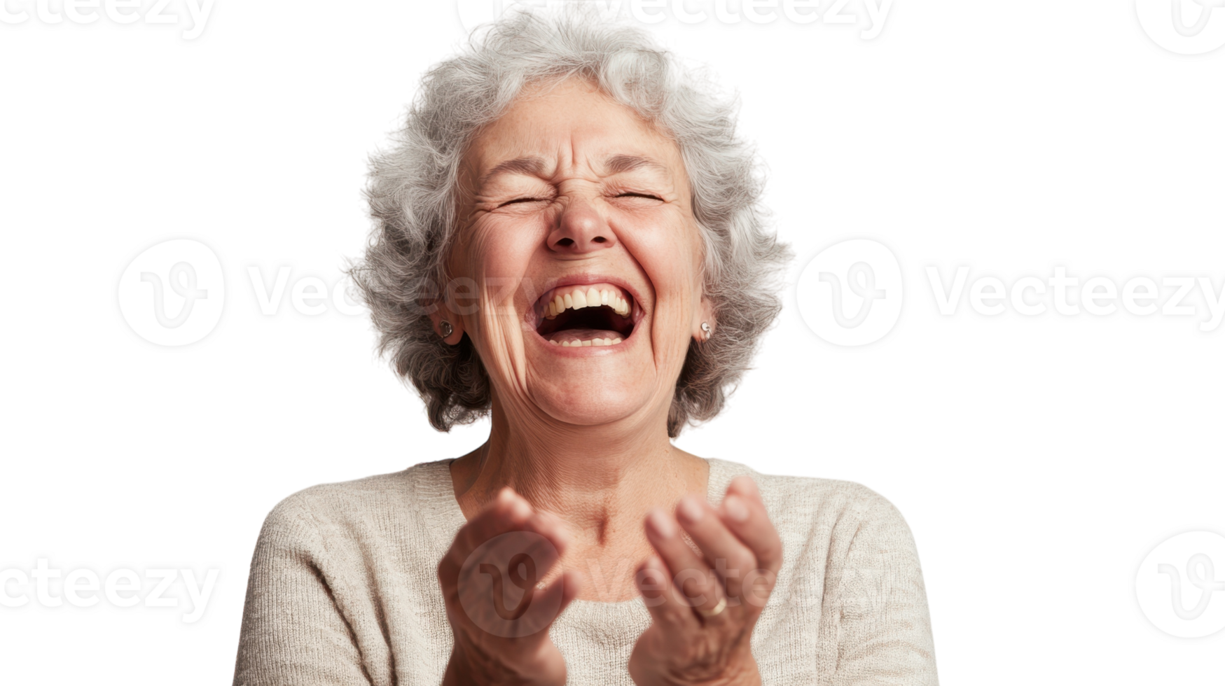Charming Moment of an Elderly Woman Chuckling Softly on a White Background for Heartwarming Family and Social Media Content. png