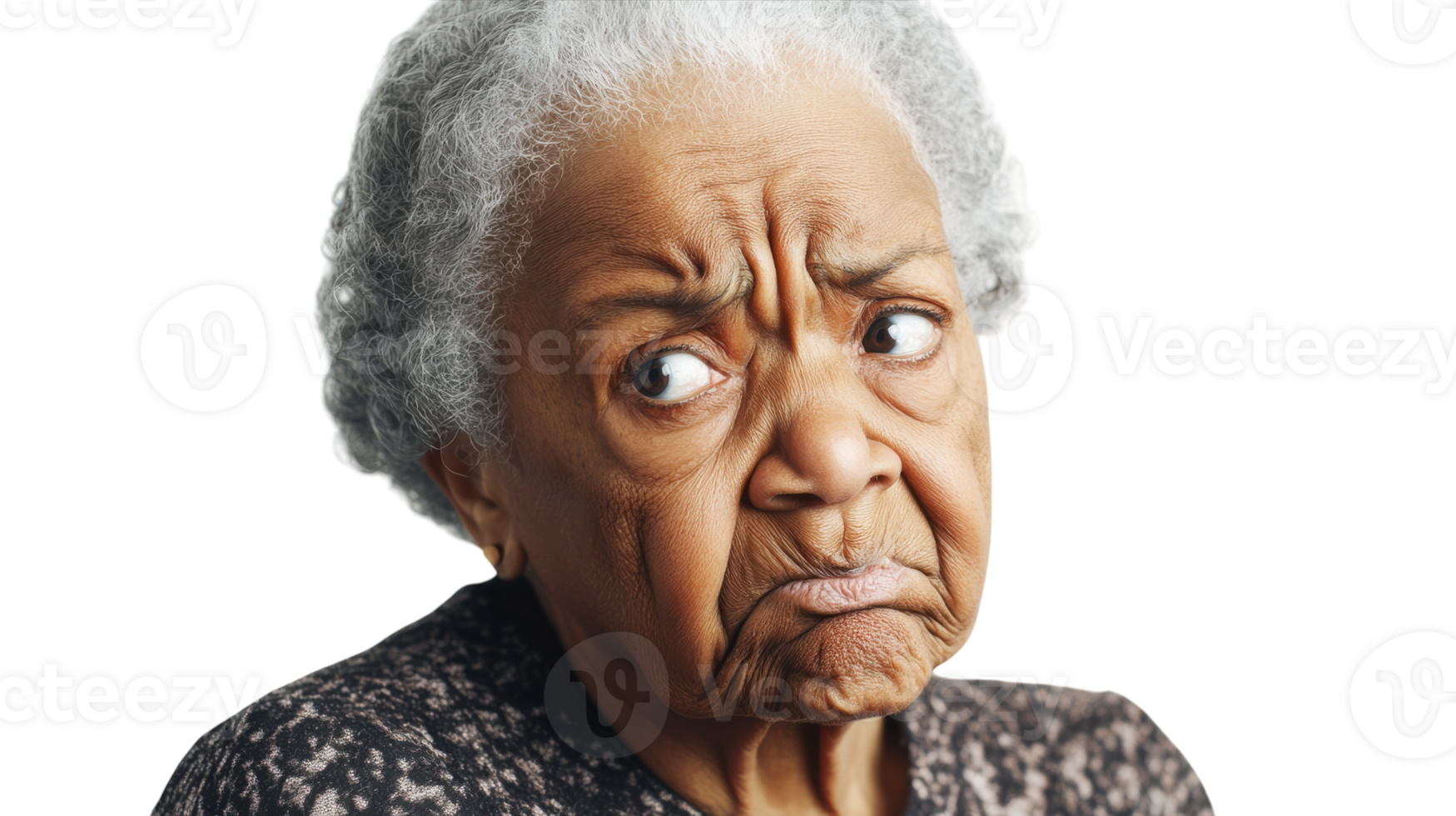 An elderly woman expressing confusion during a conversation, showcasing the emotional complexities of aging and communication challenges faced by seniors. png