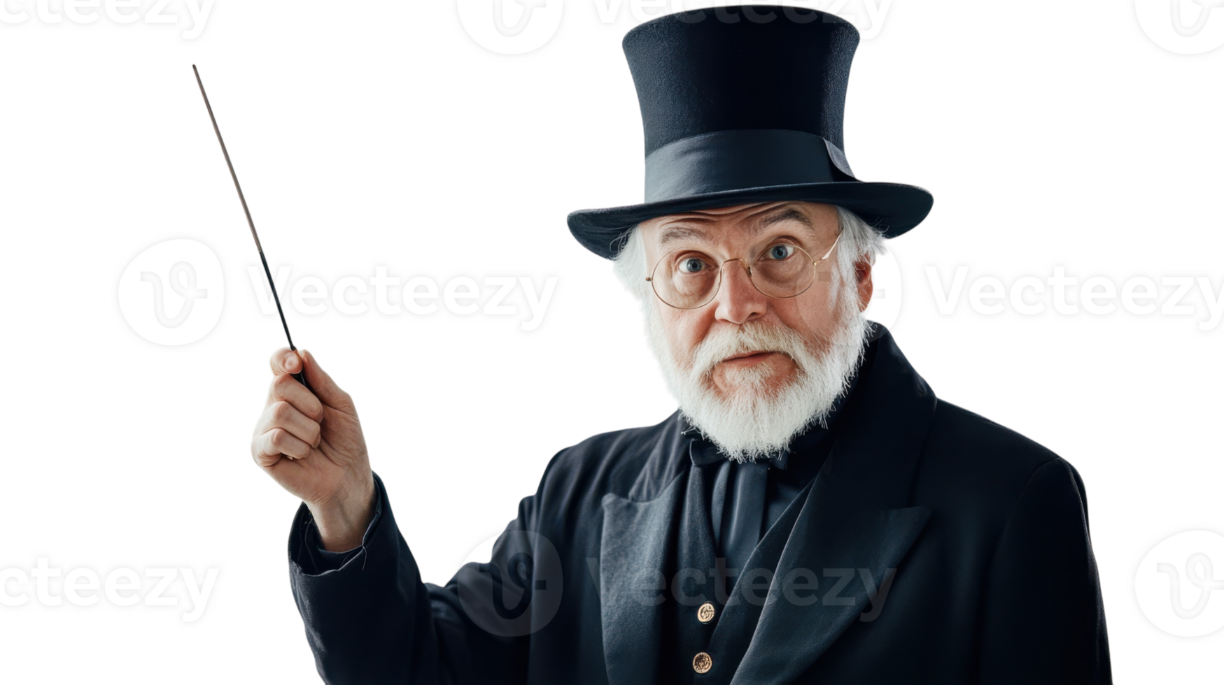 An Old Man Dressed as a Magician with a Top Hat, Perfect for Illustrating the Enchantment of Magic Shows and the Wisdom of Age in Performances.. png