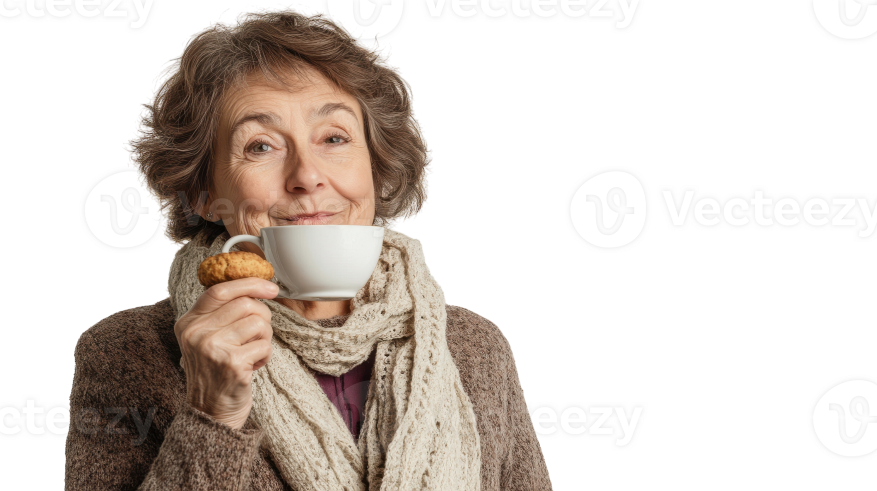 Elderly Woman Enjoying a Relaxing Moment with a Cup of Tea in a Cozy Setting. png
