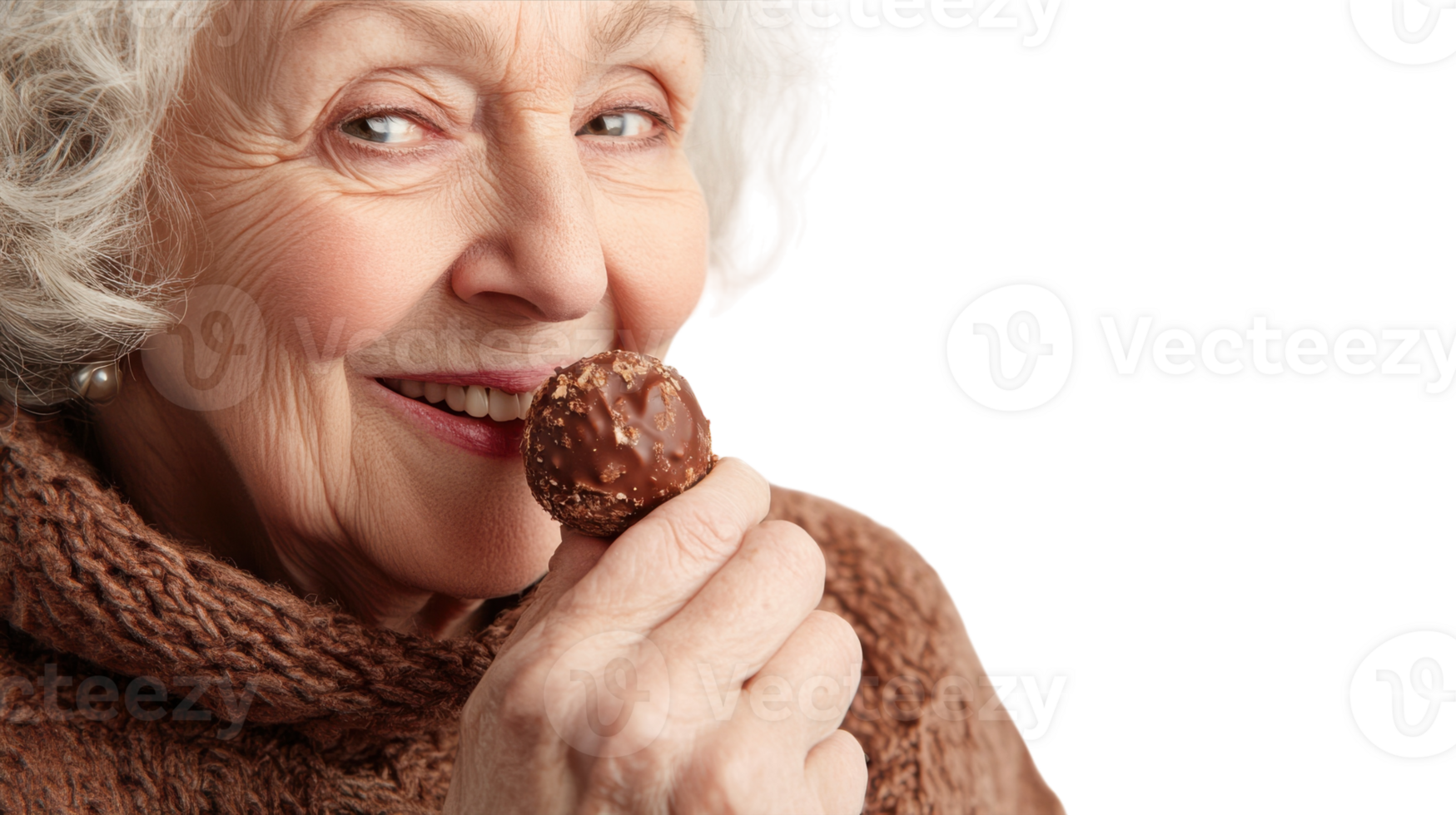 A Heartwarming Scene of an Elderly Woman Enjoying a Chocolate Truffle, Perfect for Family-Oriented Promotions or Healthy Living Campaigns. png