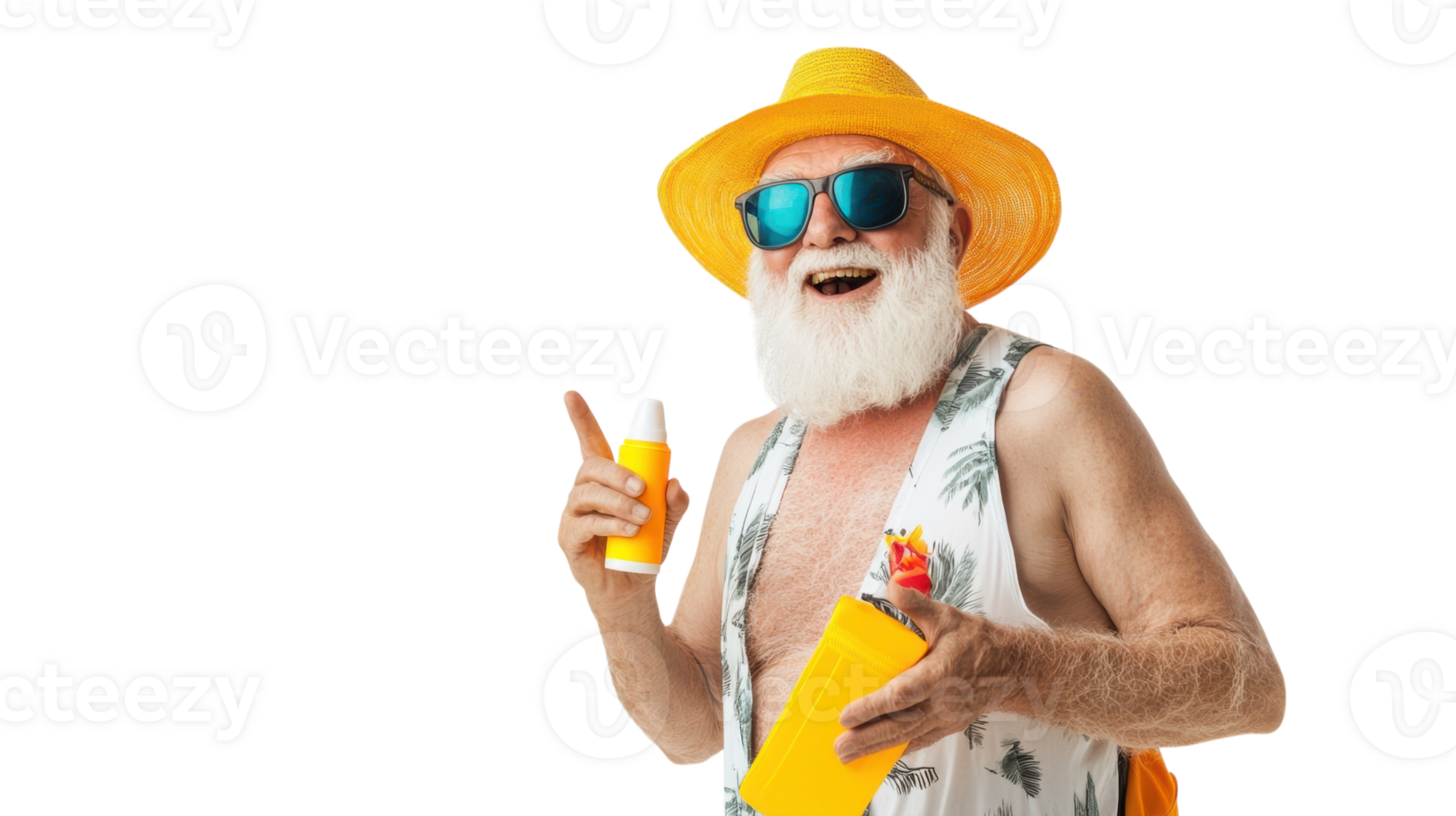 An elderly gentleman enjoying a sunny day at the beach, dressed in a relaxed beach outfit with flip flops, perfect for travel and summer leisure activities.. png
