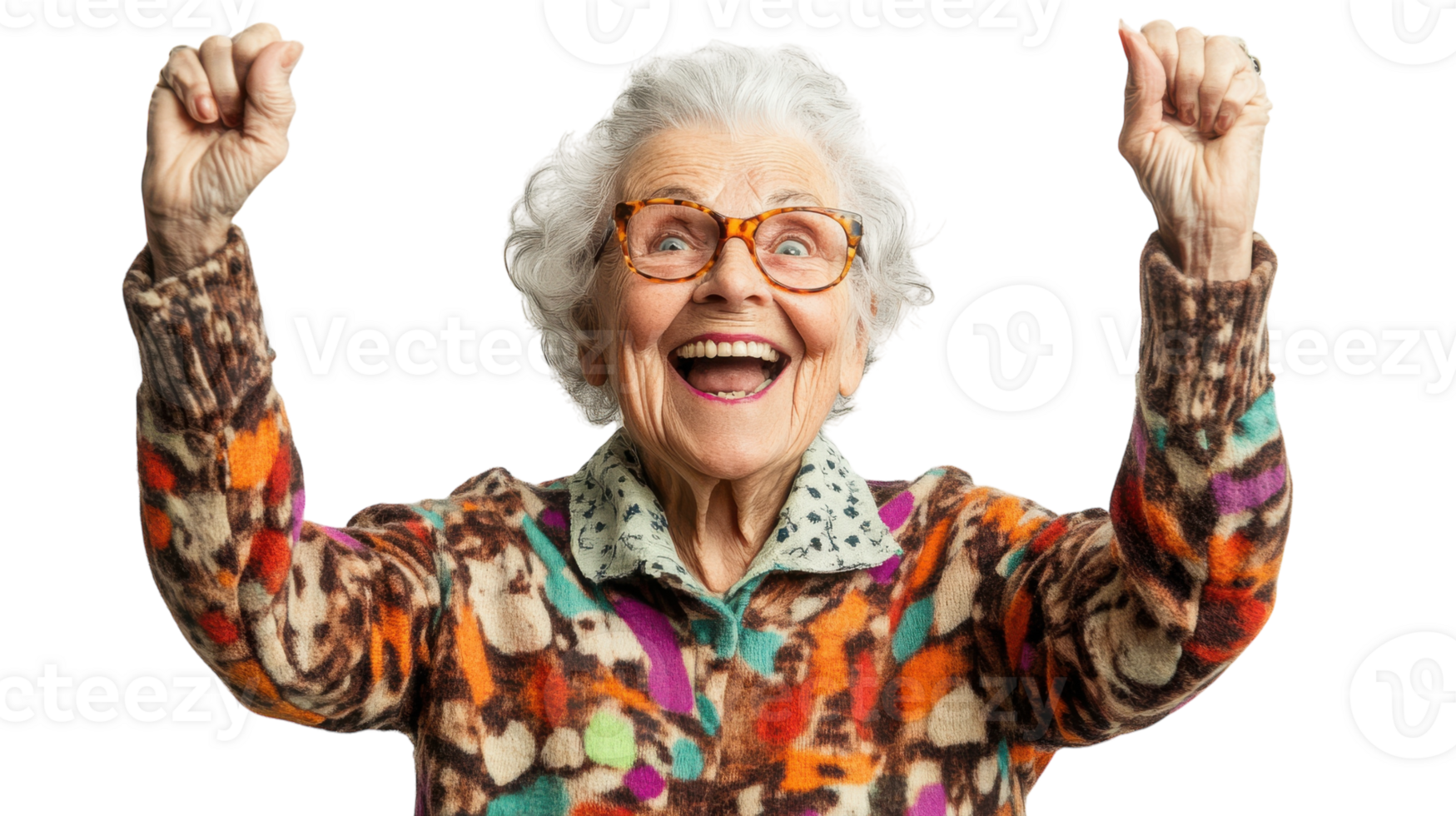 An elderly woman with a delighted expression, showcasing the beauty of happiness and joy in later years, perfect for themes related to aging, positivity, and emotional wellness.. png