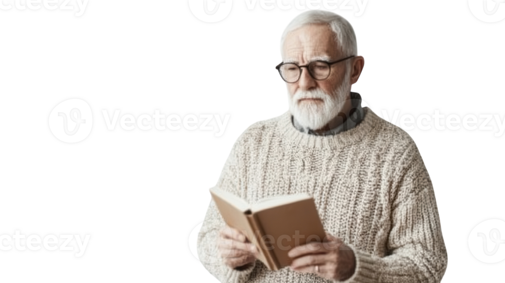 An Old Man in a Cozy Sweater and Reading Glasses Sitting in a Comfortable Chair, Ideal for Illustrating Themes of Leisure, Aging, and Reflection. png