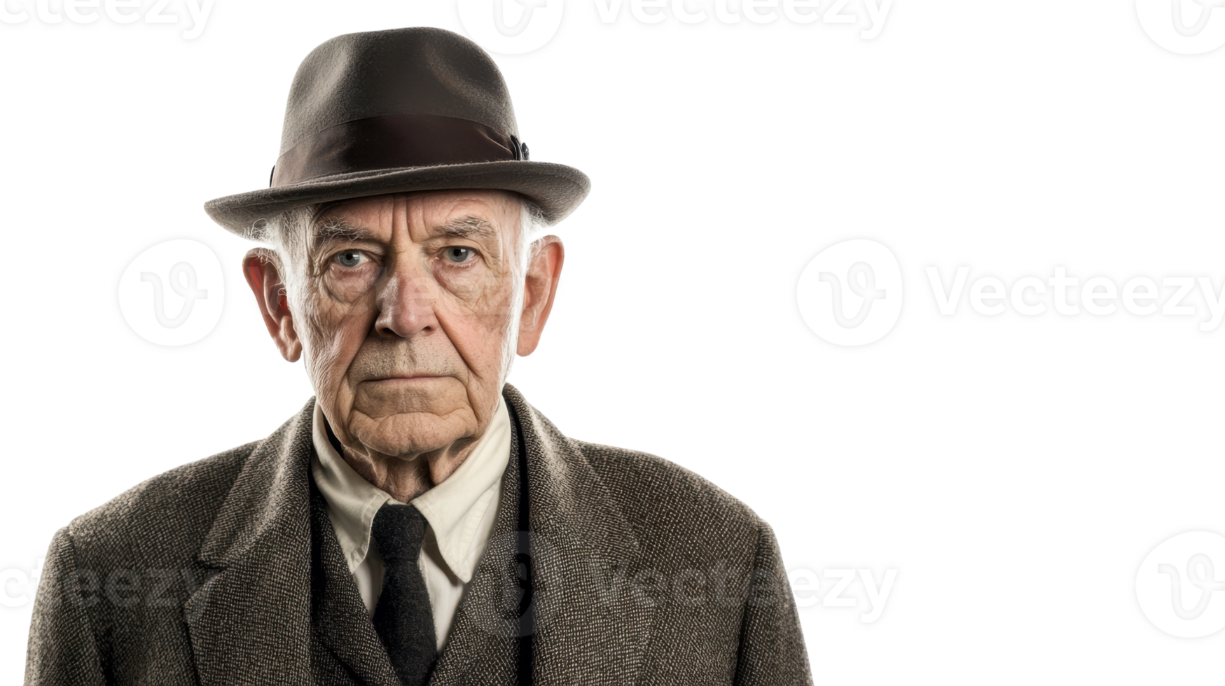 An old man wearing a classic bowler hat and a stylish tweed suit walking leisurely in a serene park setting, perfect for vintage-themed projects and elegant portrayals of timeless fashion.. png