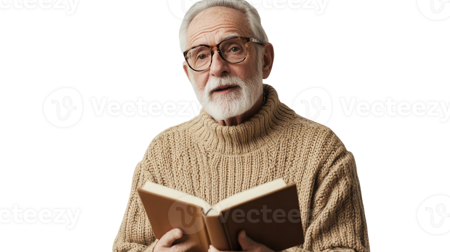 An elderly gentleman wearing a cozy sweater and reading glasses, deeply engrossed in a book, perfect for depicting themes of comfort and wisdom in your projects.. png