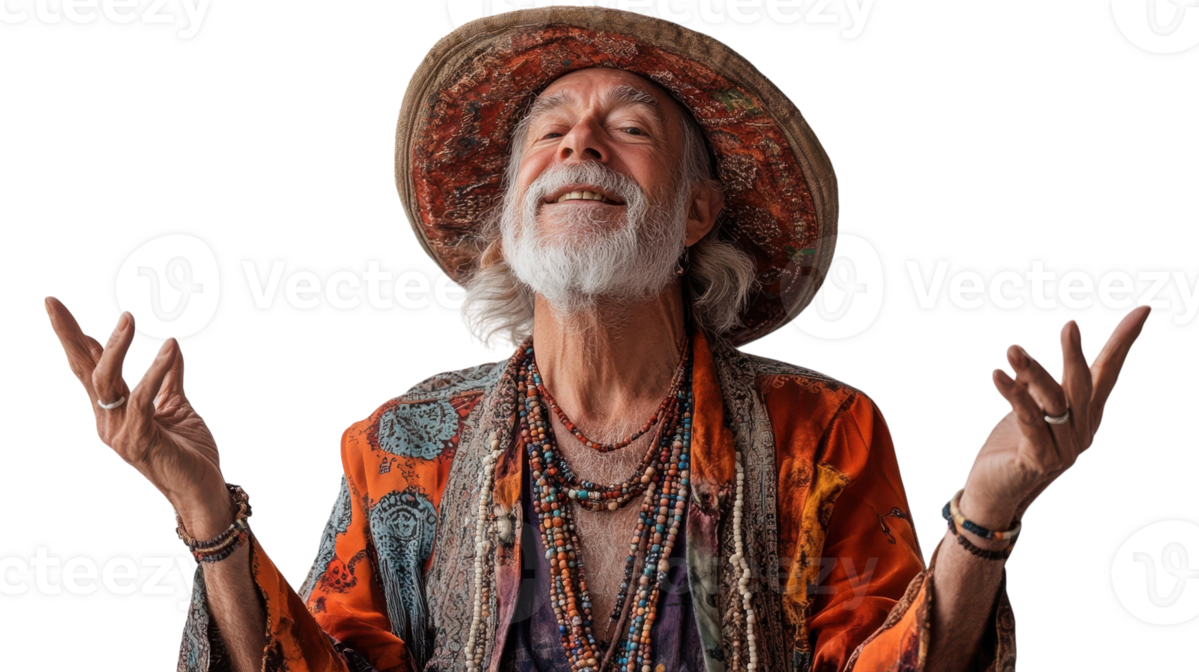 An Old Man in a Bohemian Outfit Showcasing Unique Style and Character, Perfect for Representing Individuality and Creative Fashion Choices in Visual Media. png