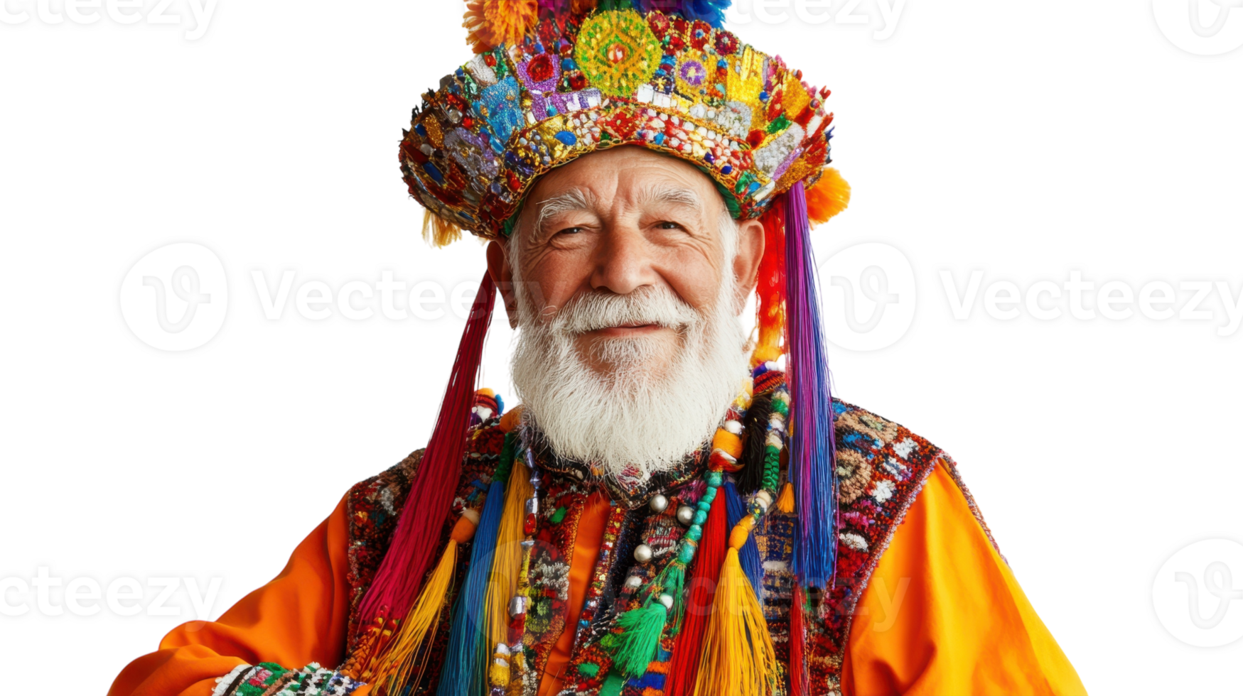 An Old Man Wearing a Colorful Festival Costume, Celebrating Cultural Traditions at a Vibrant Event with Rich Details and Expressions Captured in the Moment. png