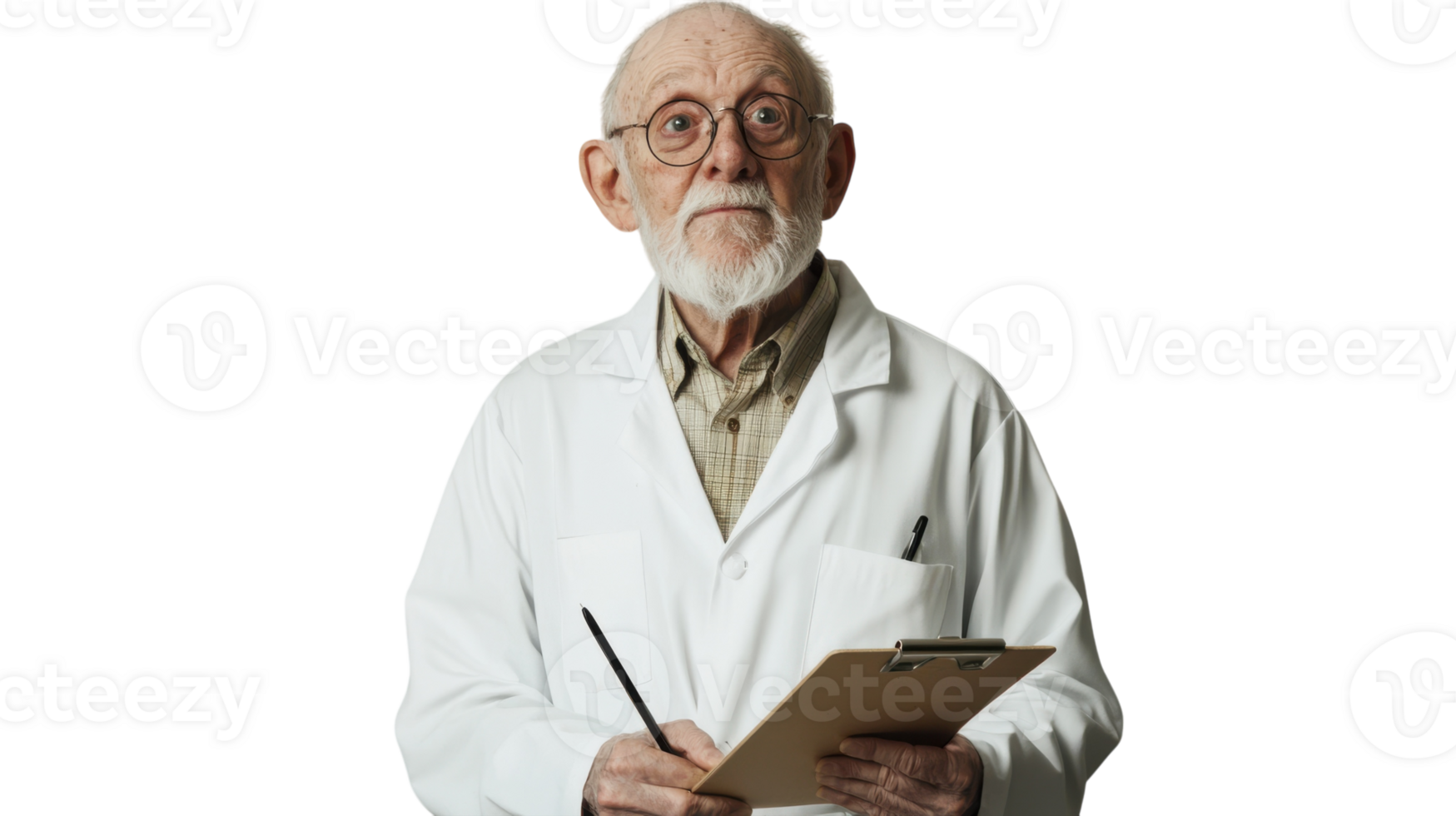 Senior Scientist in a Lab Coat Holding a Clipboard, Ideal for Educational and Research Presentations in the Scientific Community. png