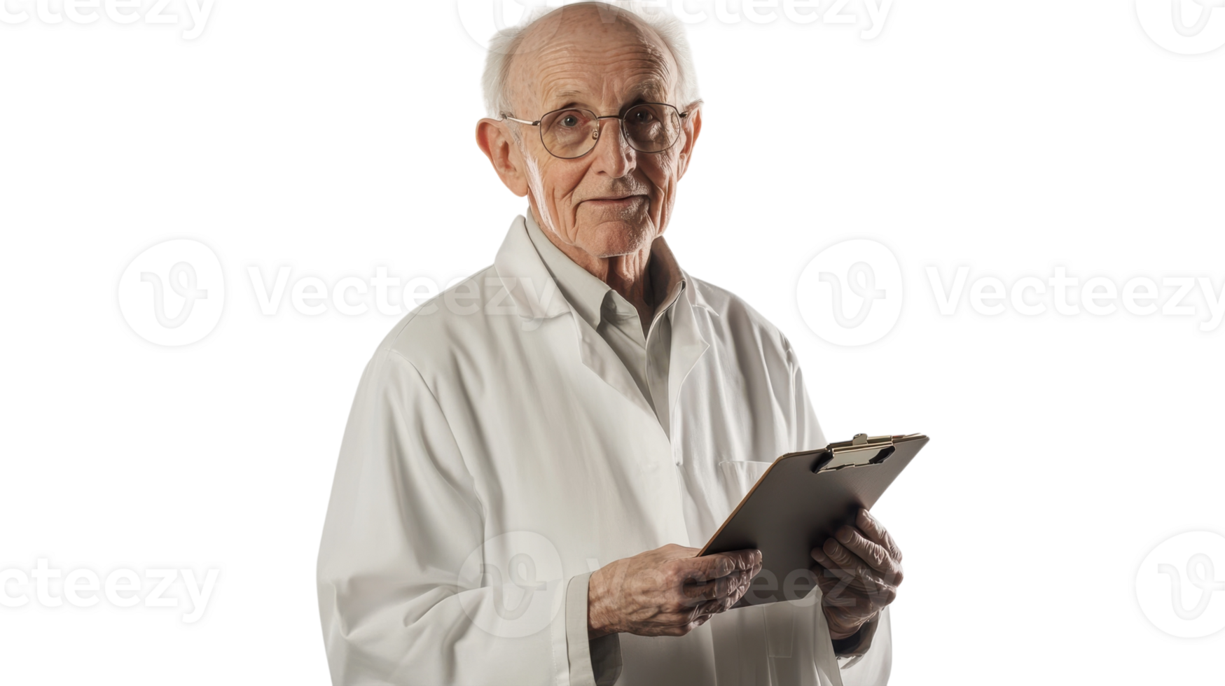 A Thoughtful Old Man in a Lab Coat Holding a Clipboard - Ideal for Science, Medicine, and Research Discussions. png