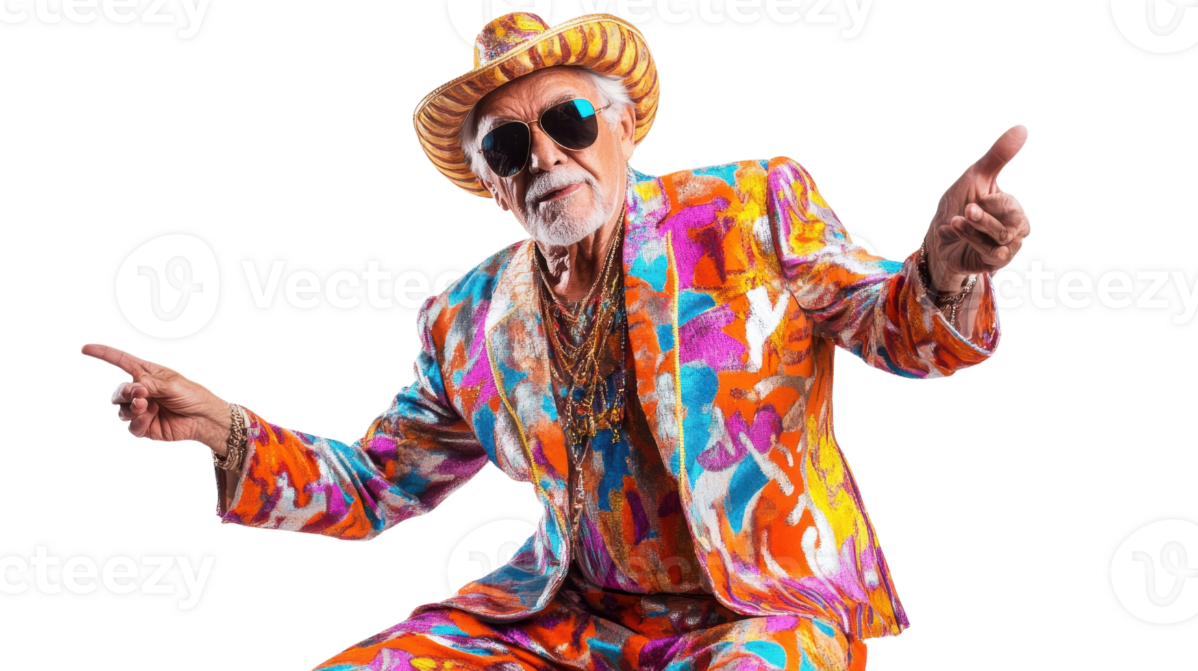 A Vivid Image of an Elderly Man Sporting an Elvis-Inspired Flashy Jumpsuit, Perfect for Celebrating Retro Fashion Trends and Nostalgic Events. png