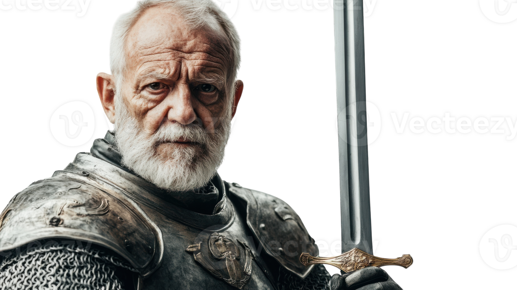 A Captivating Image of an Elderly Knight in Dazzling Armor, Perfect for Illustrating Themes of Valor, Heritage, and Wisdom in Storytelling and Visual Arts. png