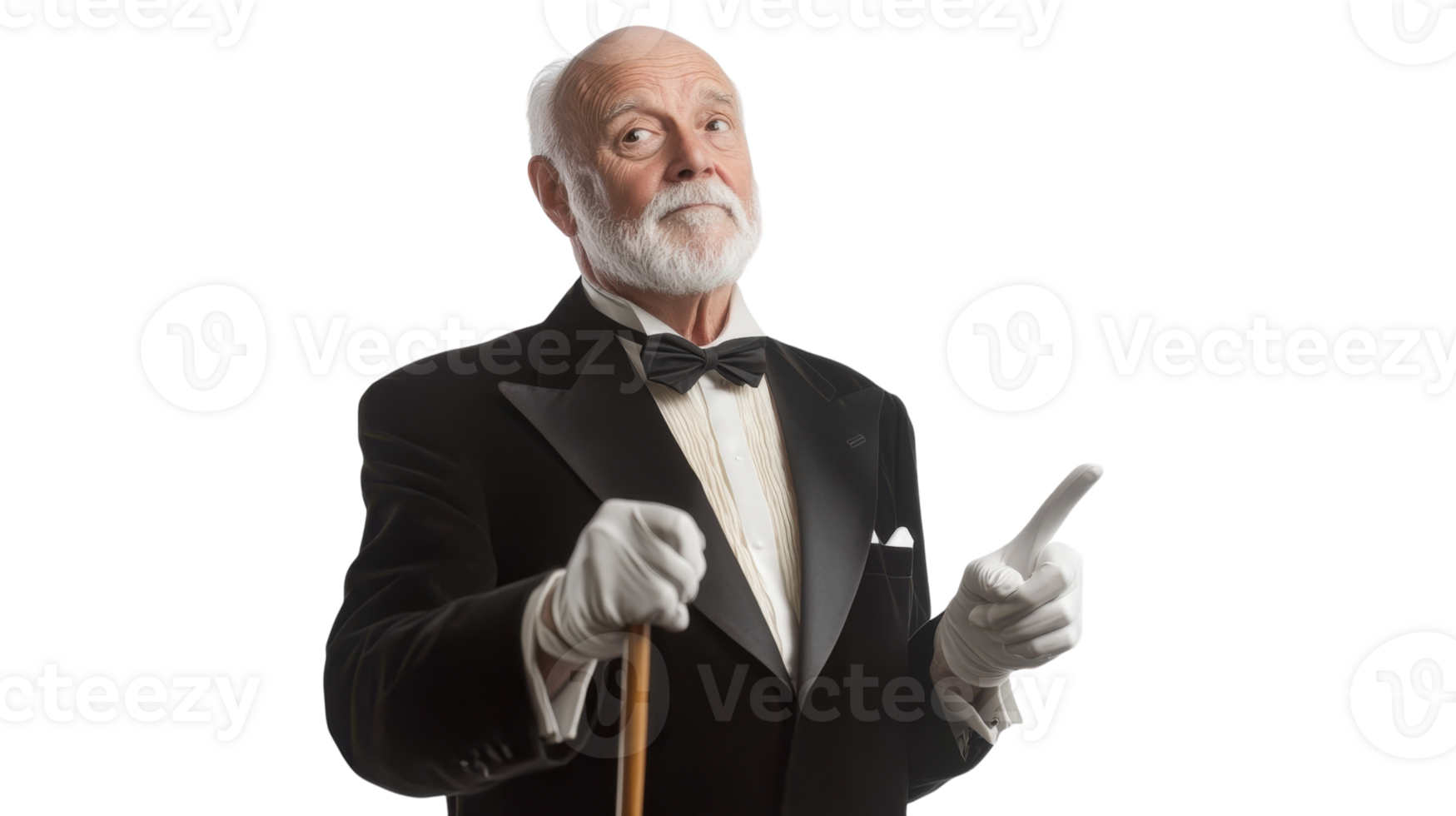 Elegant Portrait of an Elderly Man Dressed in Tuxedo with Cane, Perfect for Vintage or Formal Event Themes, Capturing the Essence of Timeless Style and Grace. png