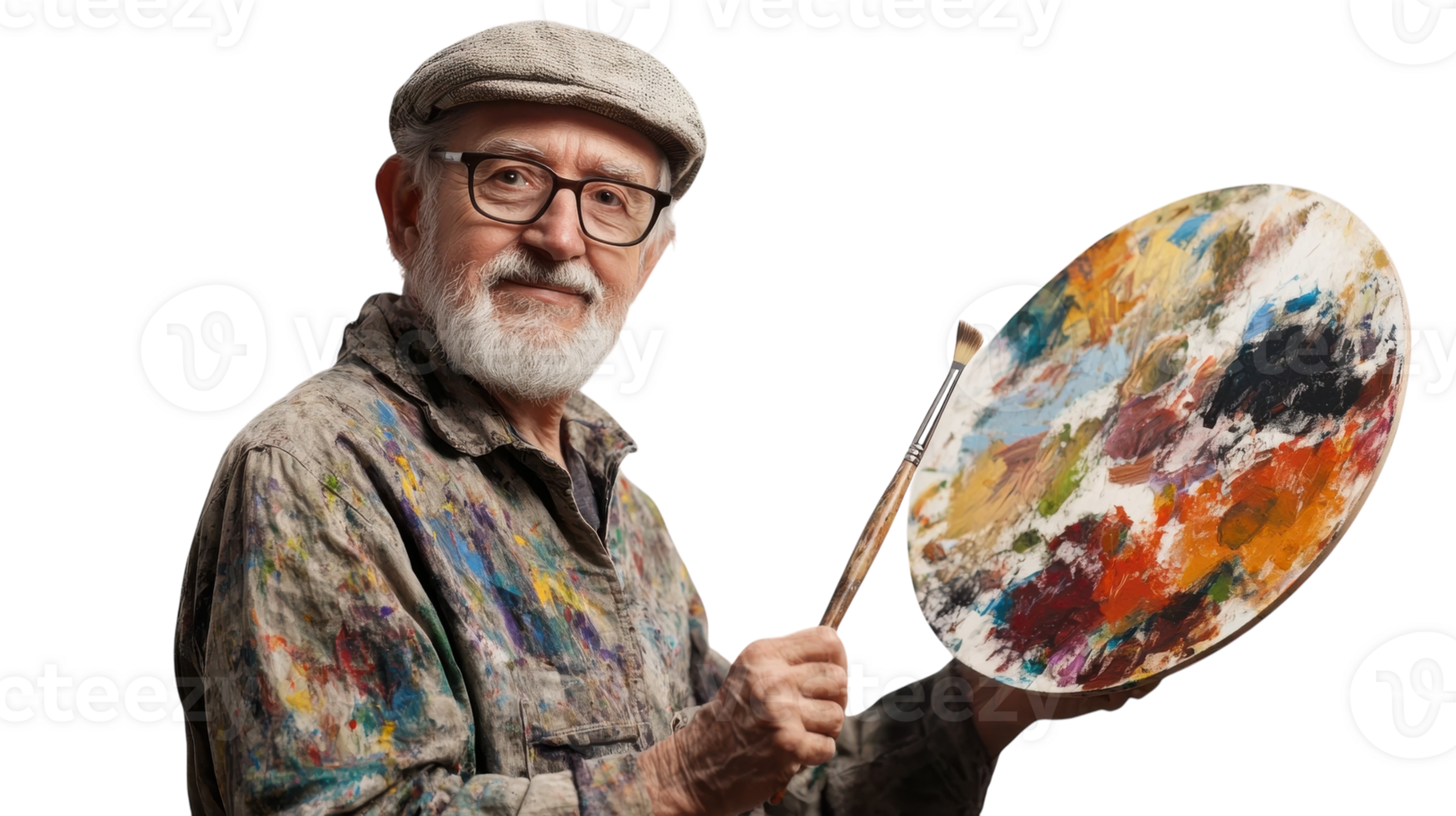 An Old Man in a Painter's Smock Holding a Palette in a Studio Setting, Perfect for Art and Creativity Themes. png