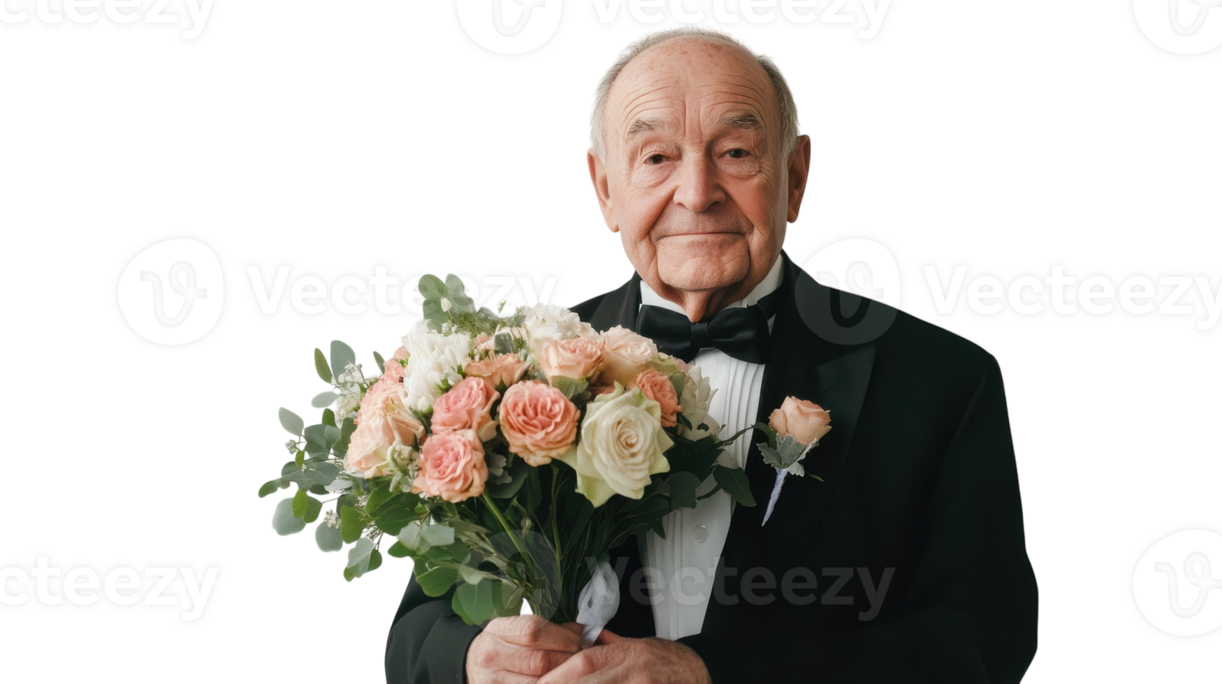 An Elegant Old Man in Tuxedo Holding a Beautiful Bouquet of Flowers, Perfect for Weddings or Celebrations. png