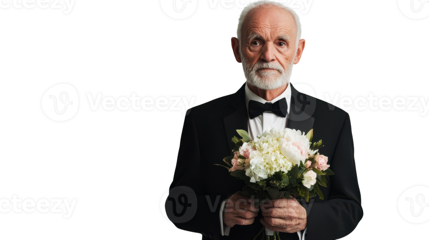 A Dapper Elderly Gentleman in a Tuxedo Holding a Floral Bouquet Perfect for Celebrations and Special Occasions. png