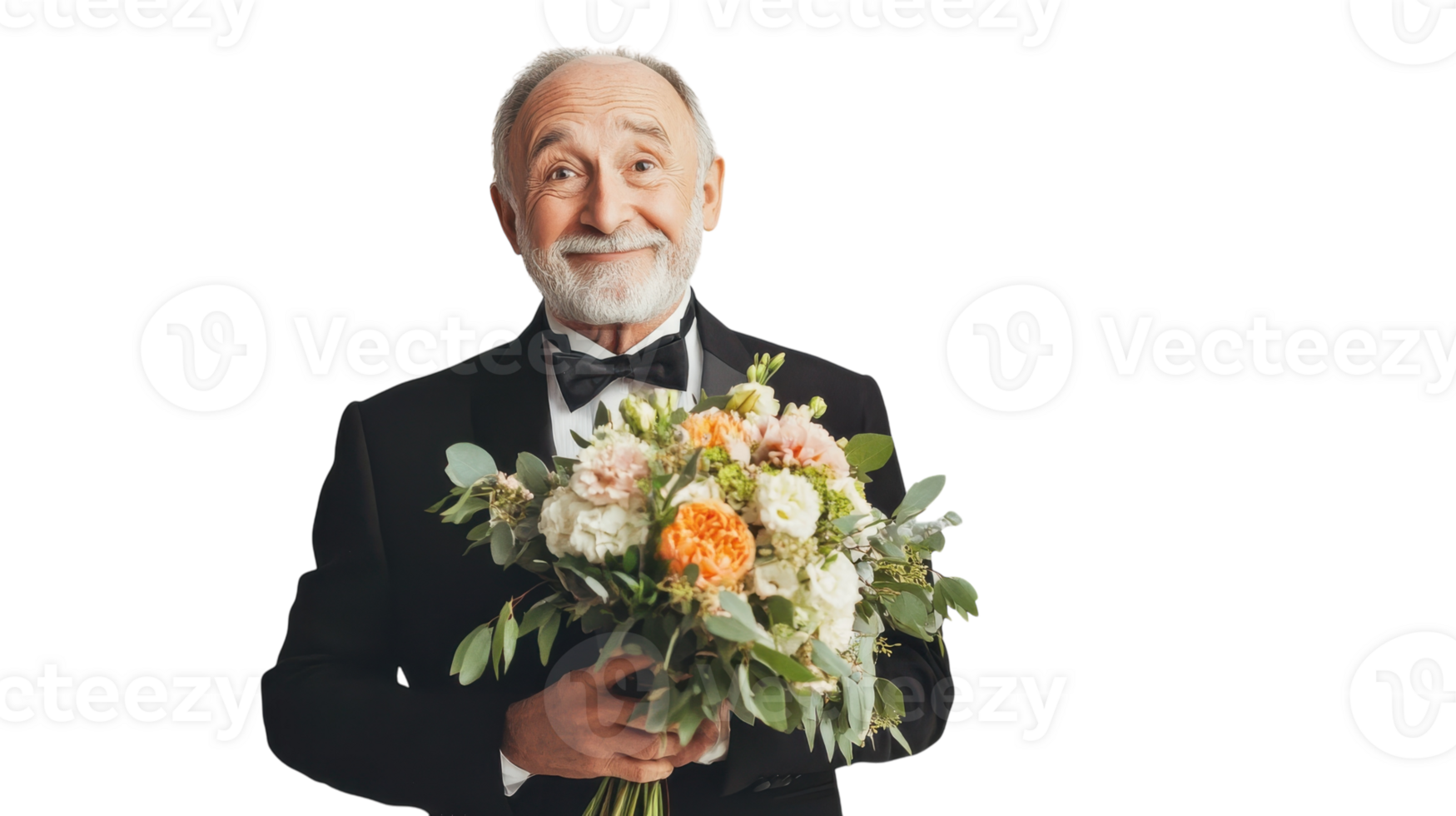 An Elegant Portrait of an Old Man in a Tuxedo Holding a Beautiful Bouquet, Perfect for Celebrations and Special Occasions. png