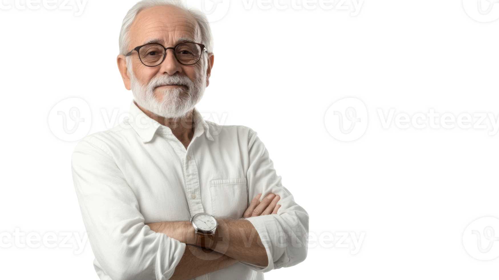 A Thoughtful Elderly Man Dressed in Casual Attire Reflecting on Life with a Wristwatch Illustrating Timeless Beauty and Wisdom. png