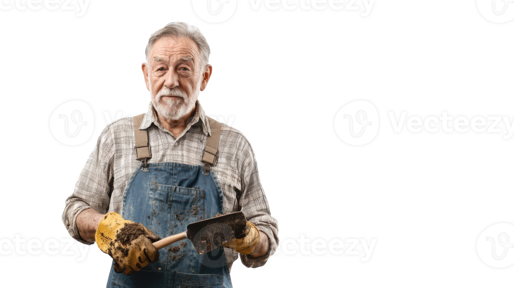 An Old Man in Overalls with Gardening Gloves Engaging in Plant Care Activities in a Serene Garden Environment, Perfect for Illustrating Retirement Life and Hobbies. png