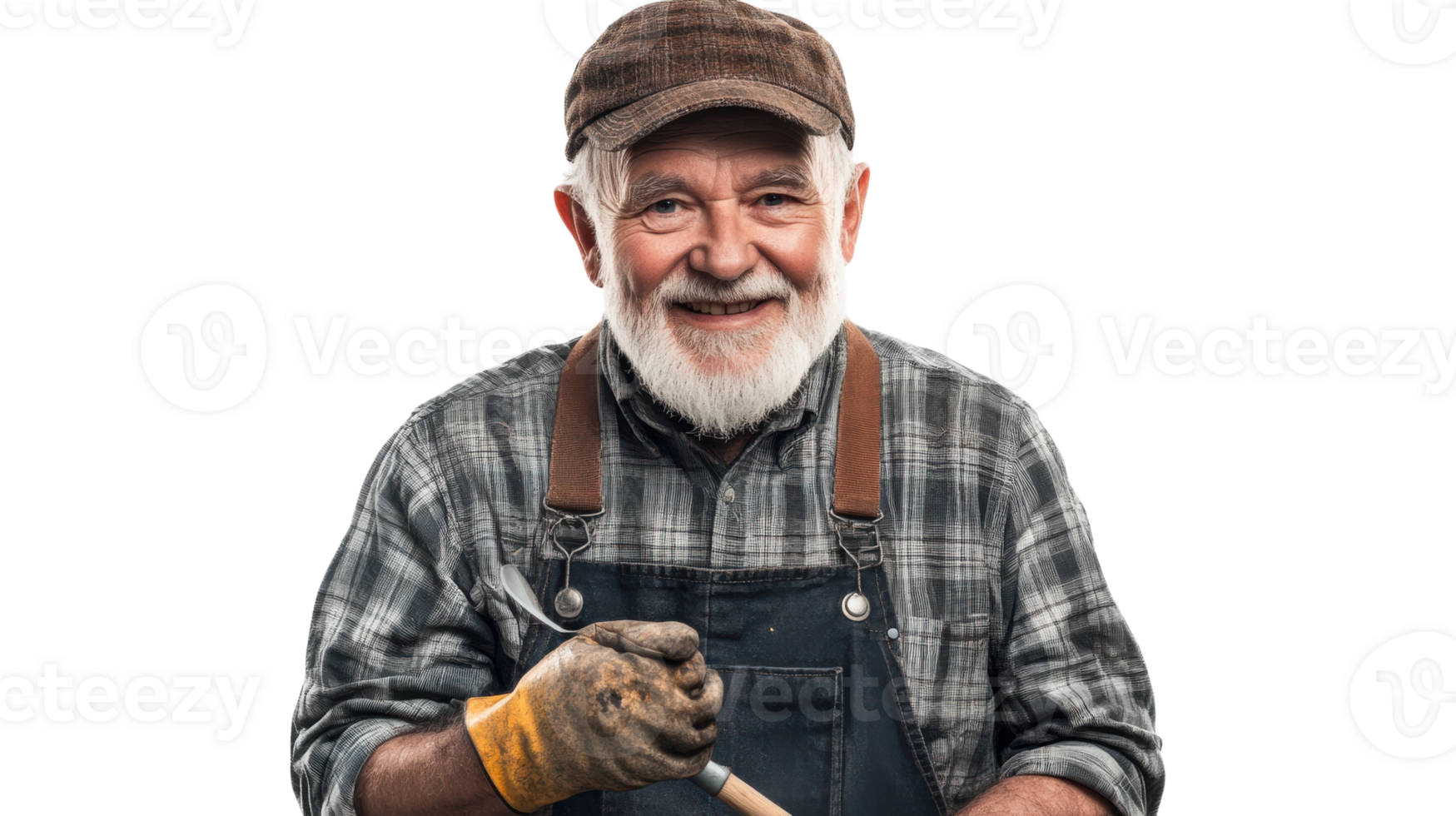 A Peaceful Scene of an Elderly Gardener in Overalls Preparing His Garden with Gloves for a Day of Nurturing Plants. png