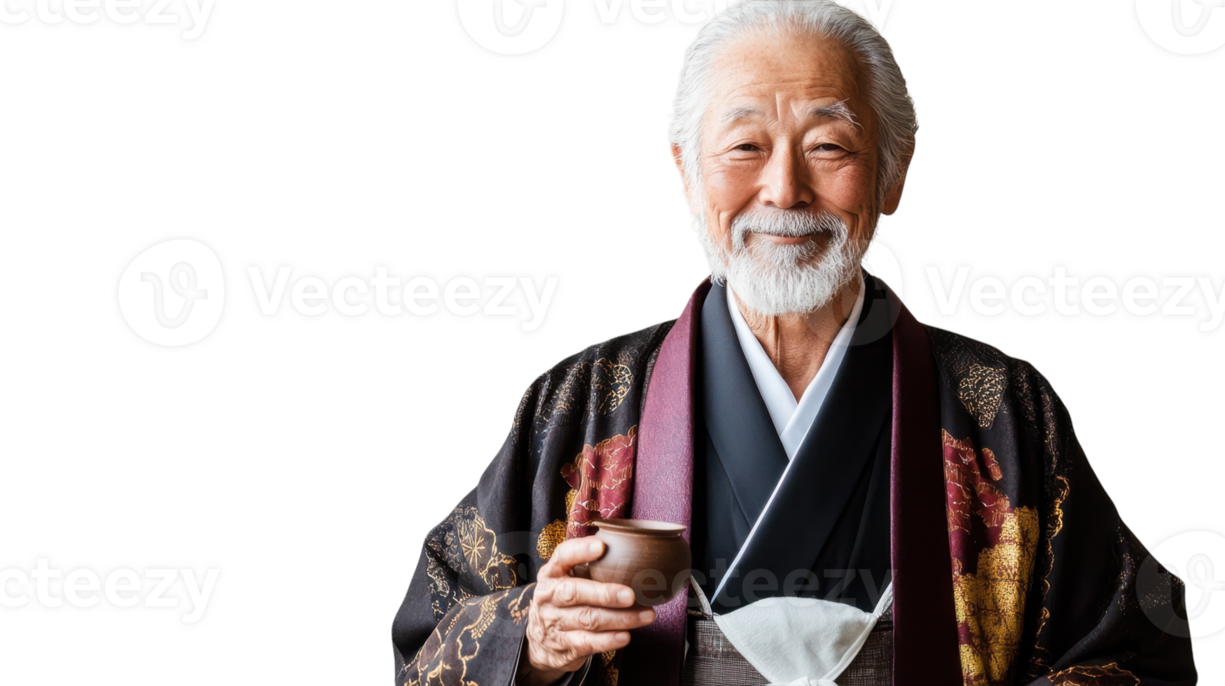A Thoughtful Elderly Man Dressed in a Traditional Japanese Kimono, Perfect for Showcasing Cultural Heritage and Elegant Fashion in Your Projects. png