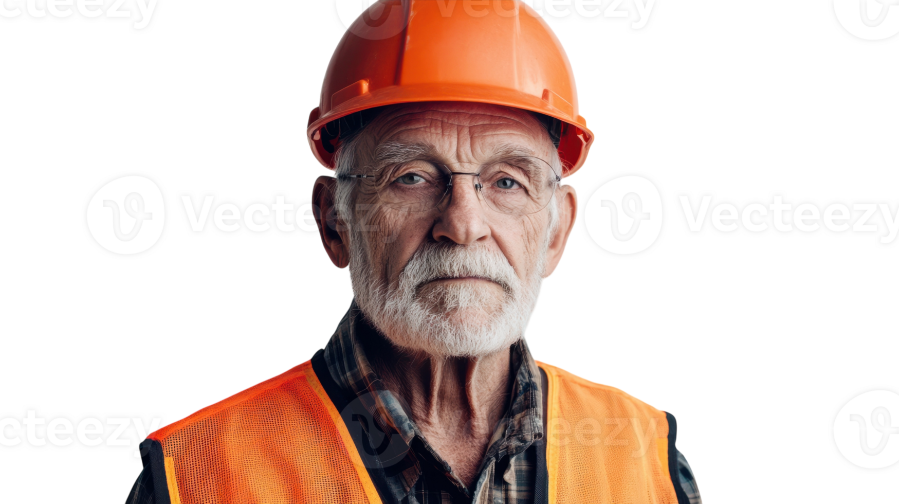 An elderly construction worker in a reflective vest diligently inspecting a building site, representing experience and dedication in the construction industry.. png