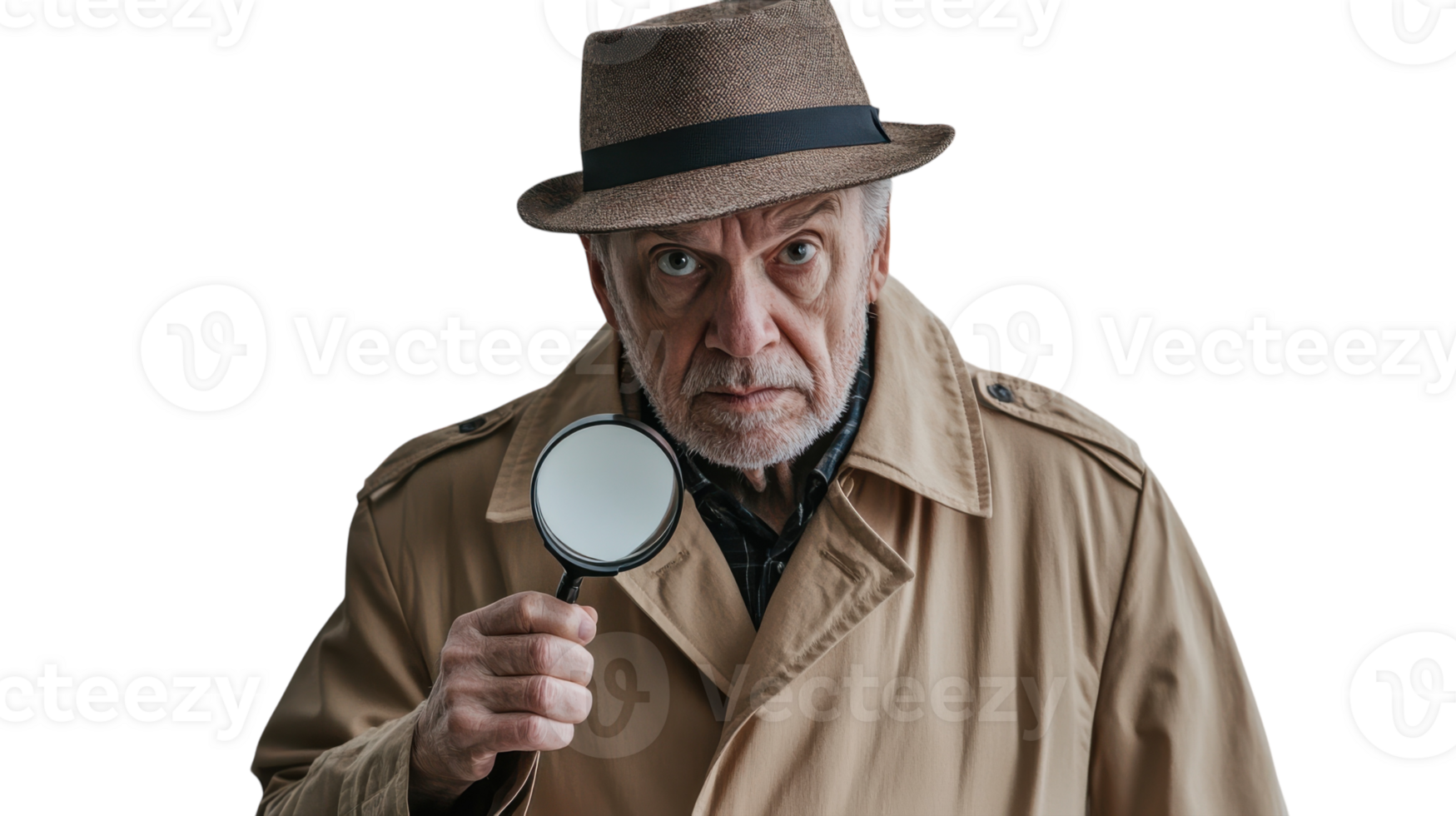 Astonishing Imagery of an Elderly Detective in a Classic Trench Coat Perfect for Mystery-Themed Projects, Illustrations, or Literature Covers. png