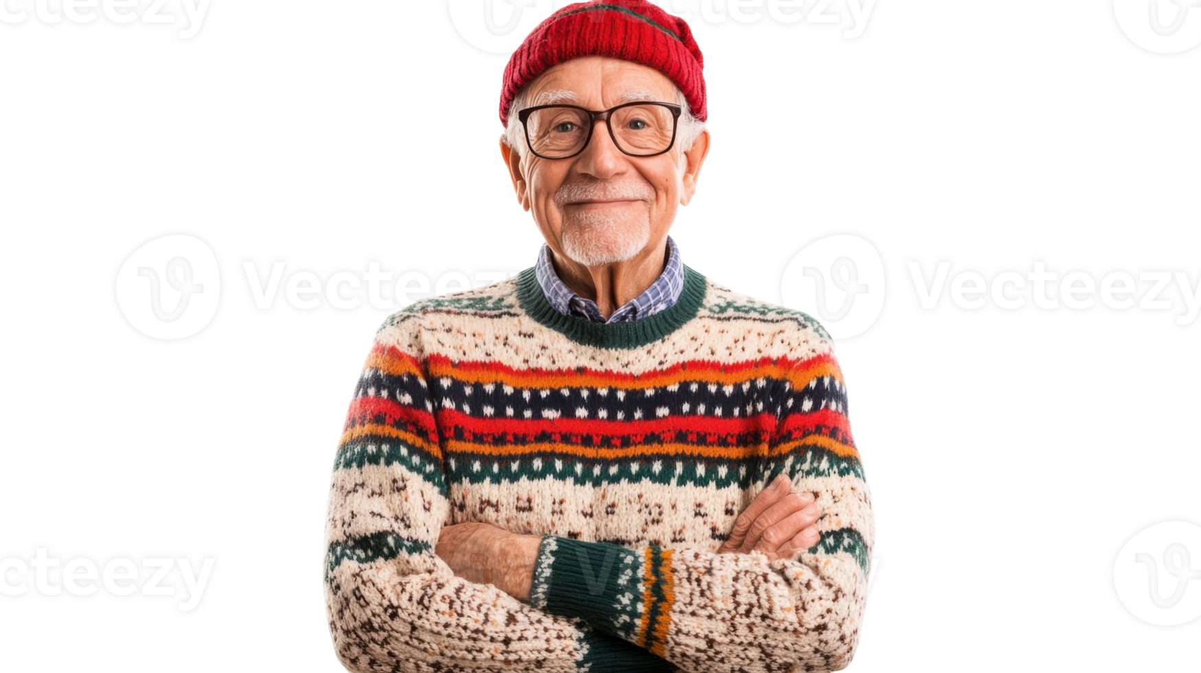 An elderly gentleman dressed in a vibrant festive holiday sweater, perfect for capturing the warmth and joy of the holiday season in family gatherings, parties, or festive events.. png