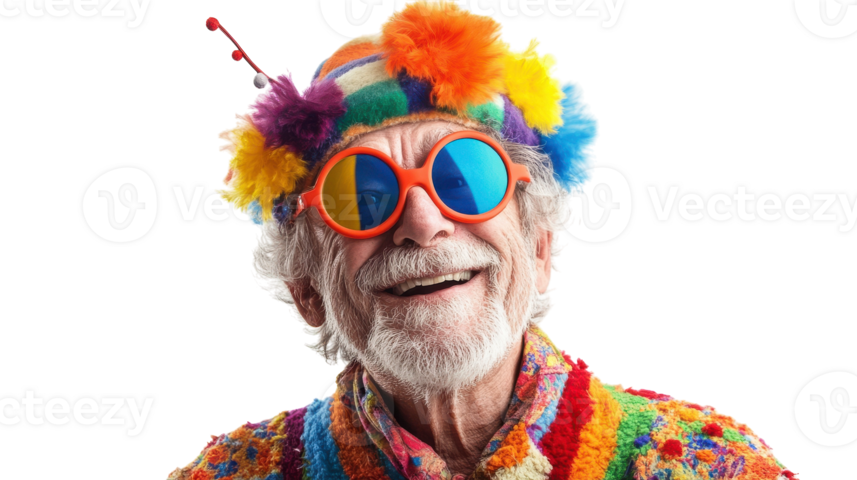 An elderly gentleman dressed in a vibrant carnival costume, perfect for showcasing cultural festivals and celebrations in your creative projects or advertising materials.. png