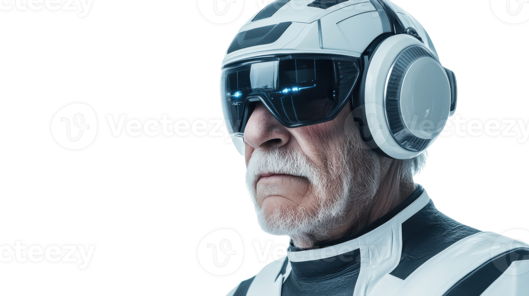 An old man wearing a futuristic robotic suit that represents a blend of technology and wisdom, showcasing how advanced technology can enhance the lives of seniors in our modern world.. png