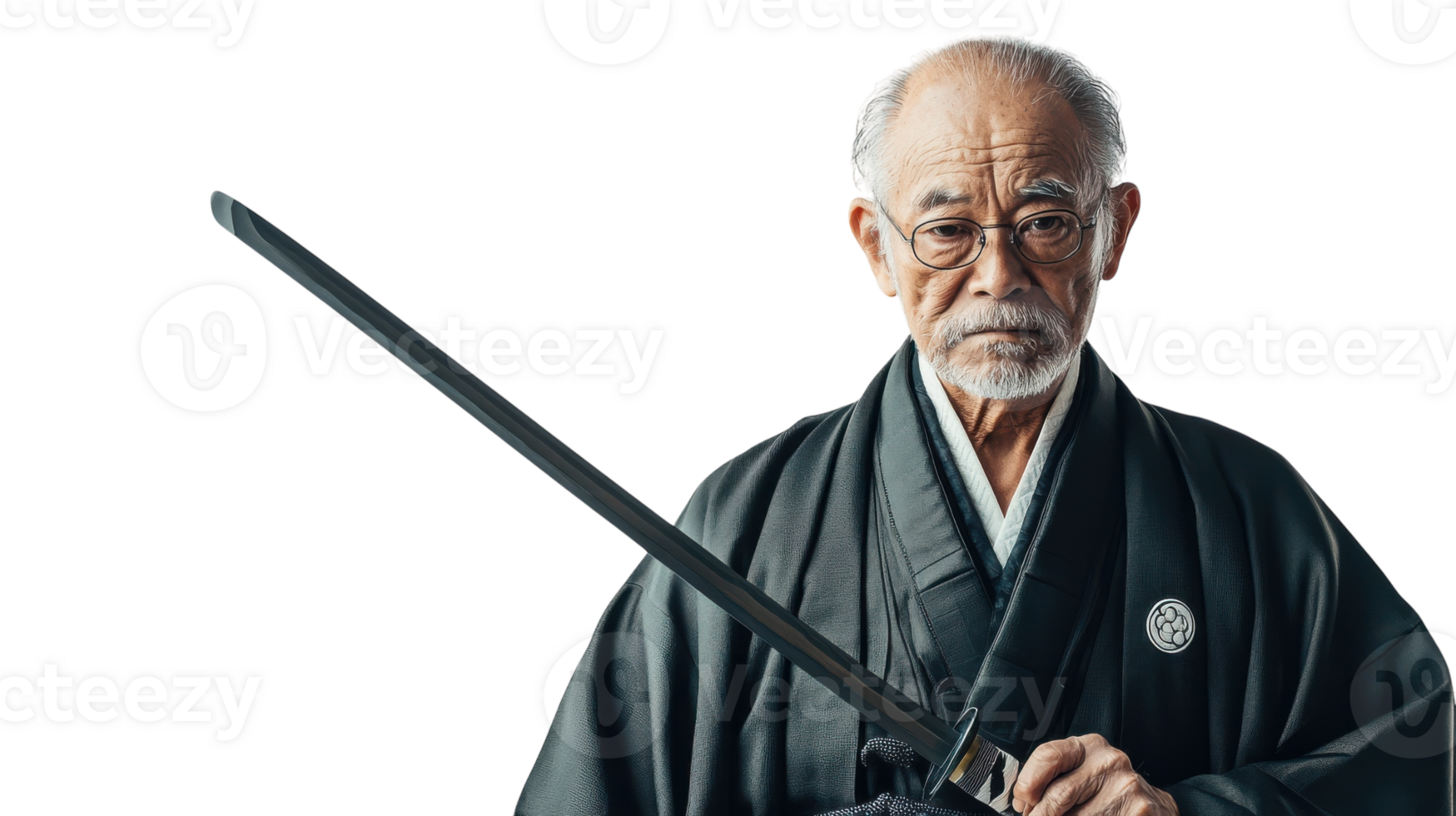 Portrait of an Elderly Man in Traditional Kimono Holding a Samurai Sword Suitable for Cultural and Historical Projects. png