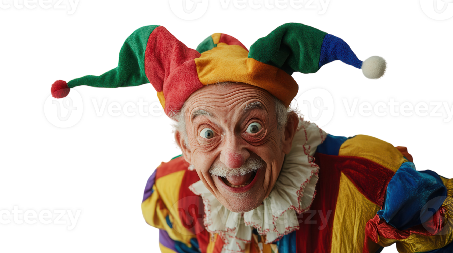 An Old Man in a Jester Costume Perfect for Celebrations and Theatrical Performances, Capturing a Whimsical and Playful Spirit in a Colorful Ensemble. png
