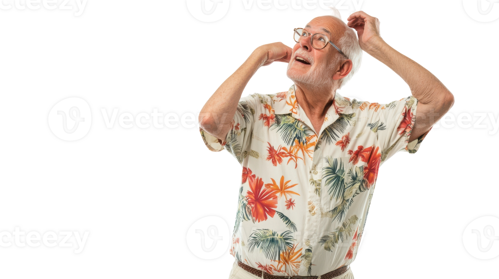 A lively and colorful portrait of an elderly man dressed in a vibrant tropical Hawaiian shirt, perfect for representing leisure and joyful moments at the beach or summer gatherings.. png