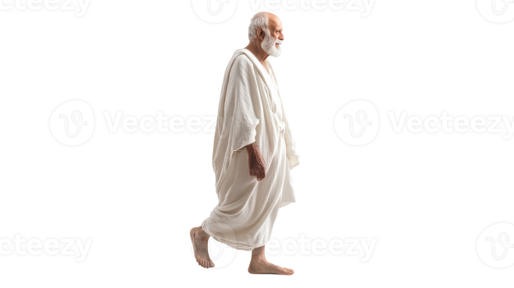 A Serene Portrait of an Elderly Man in a White Robe and Sandals, Perfect for Inspirational and Cultural Themes in Art and Media. png