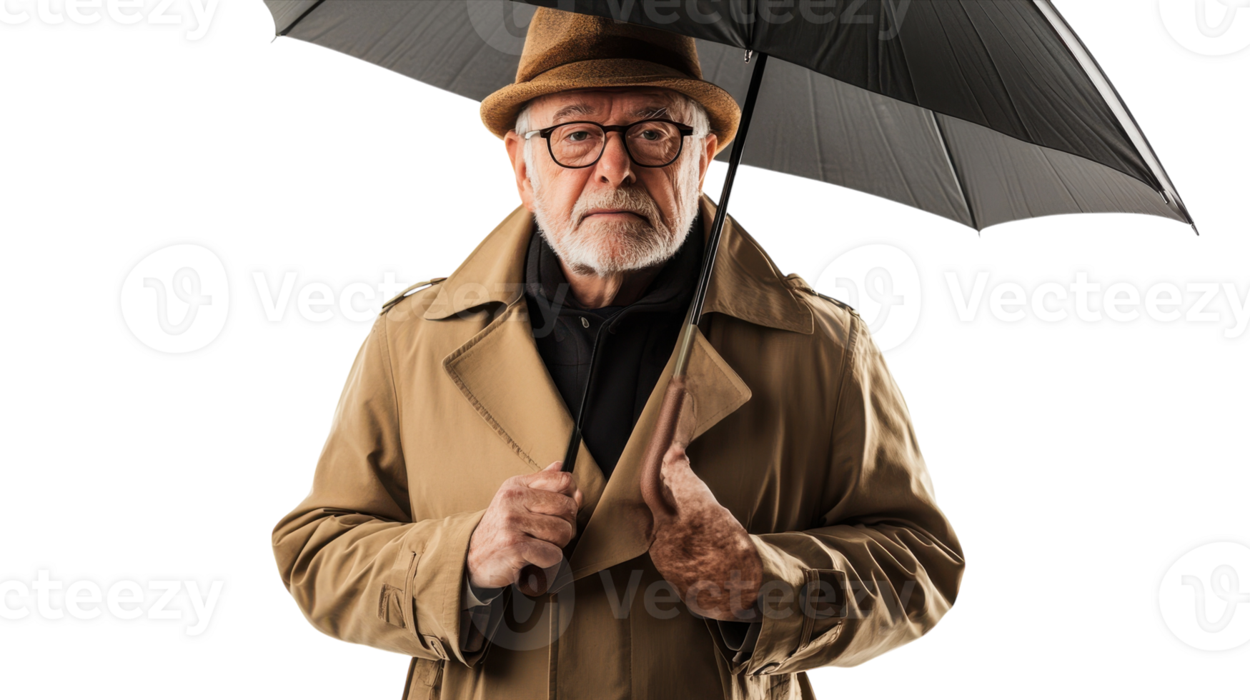 An old man in a classic trench coat carrying a briefcase, ideal for themes of nostalgia, wisdom, and the passage of time in various creative projects and storytelling.. png